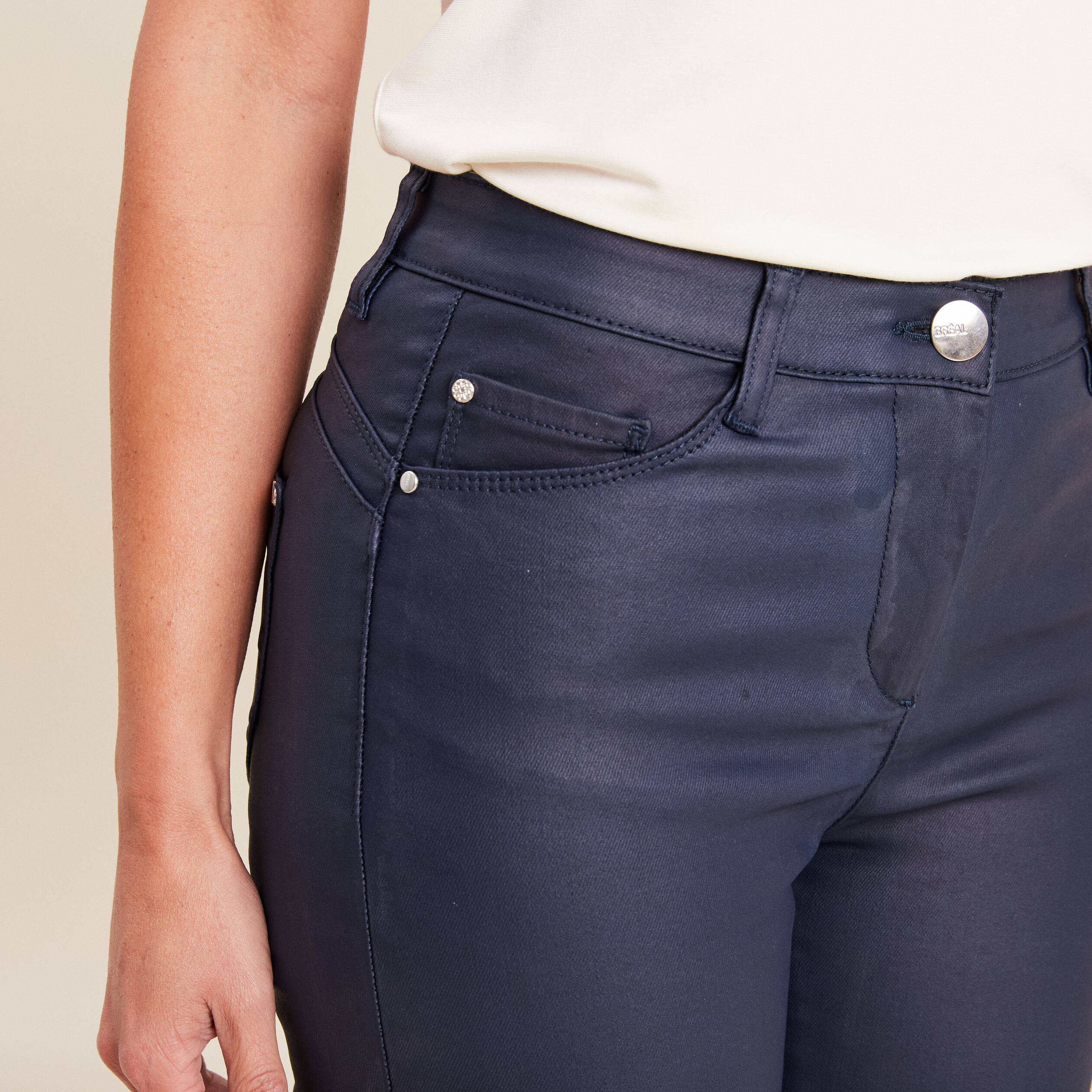 Taille Haute Pantalon Slim Bleu Marine Femme Pantalon Tony Effet - Main Image