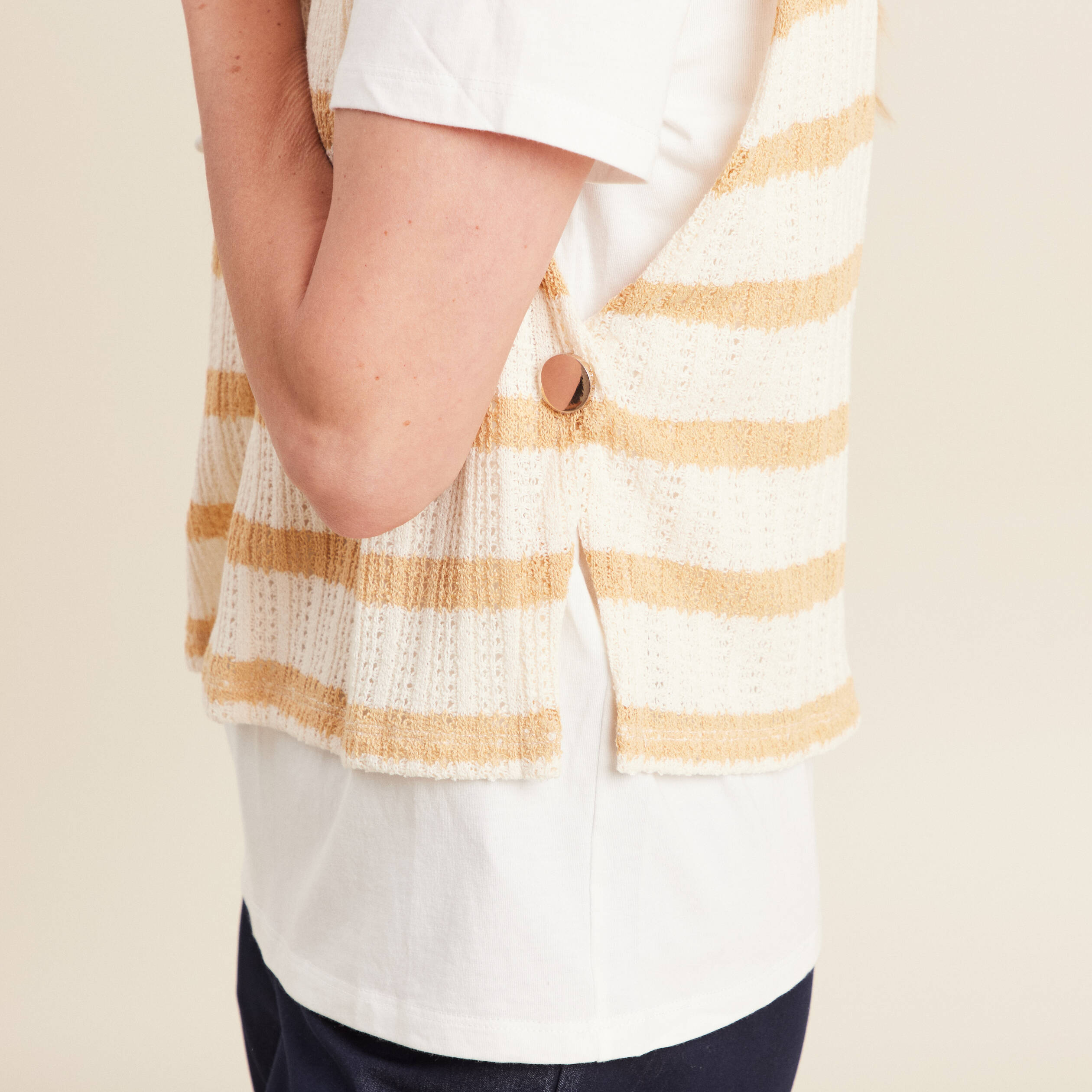 T-shirt effet 2 en 1 manches courtes beige femme