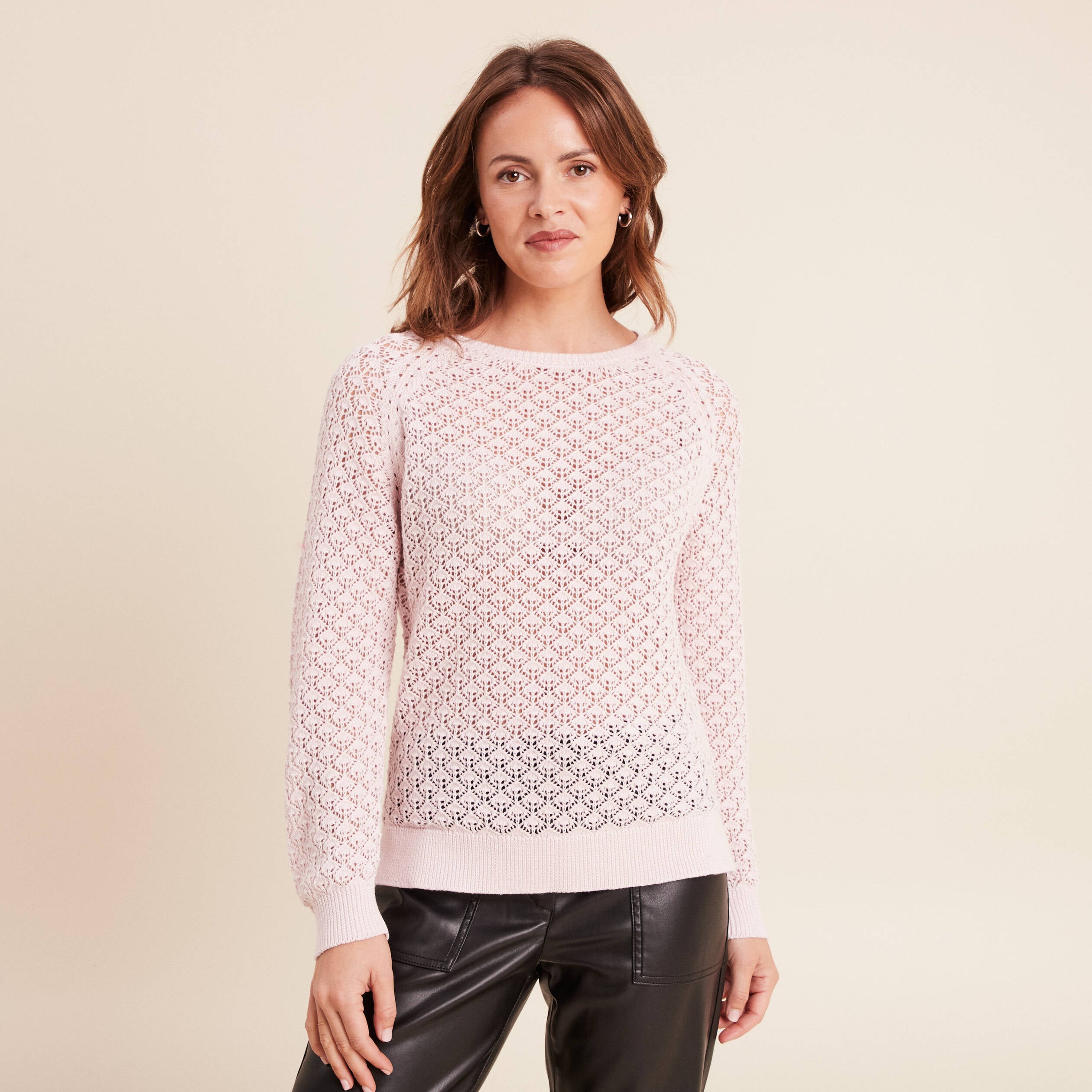 Pull col rond manches longues rose clair femme
