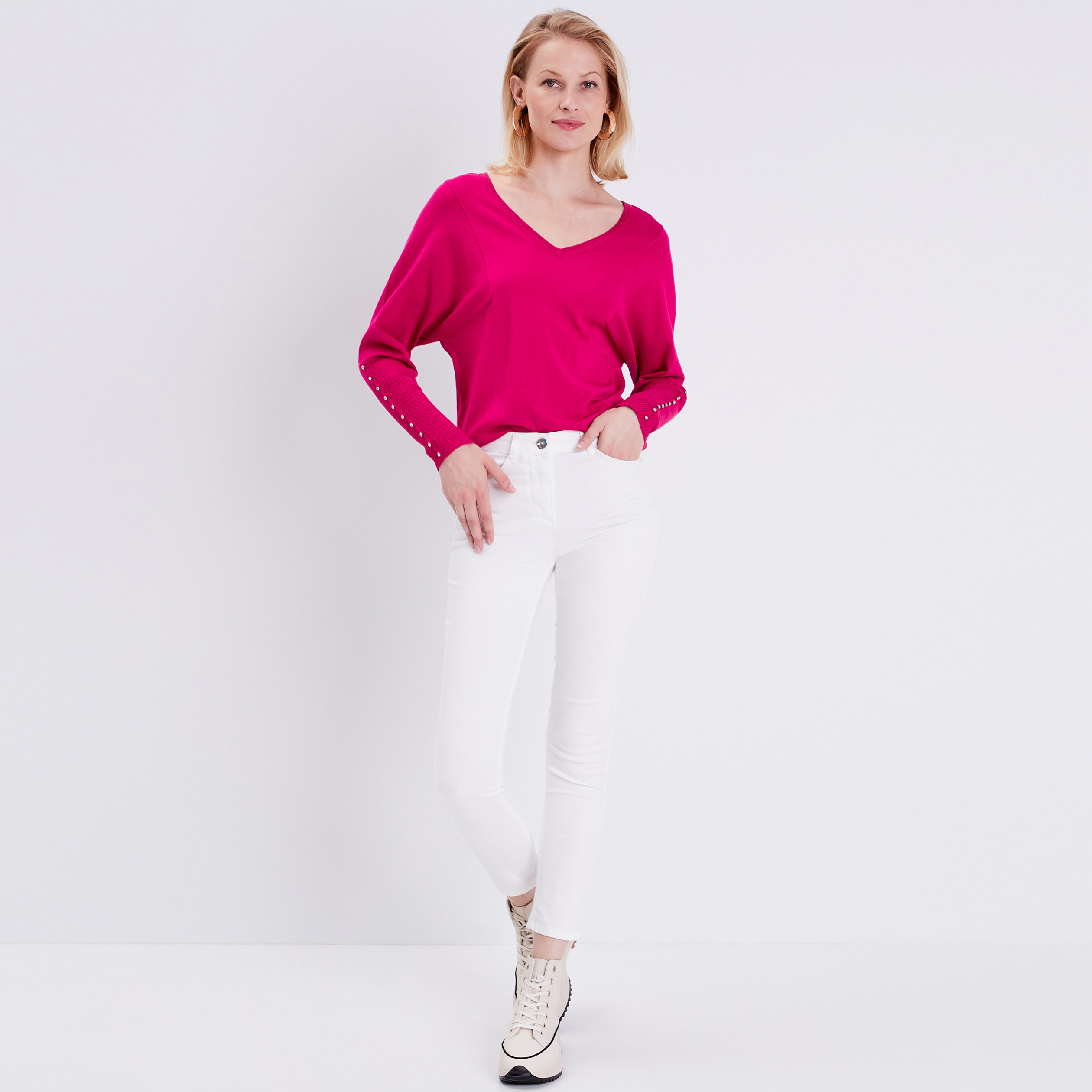Pull manches longues rose framboise femme