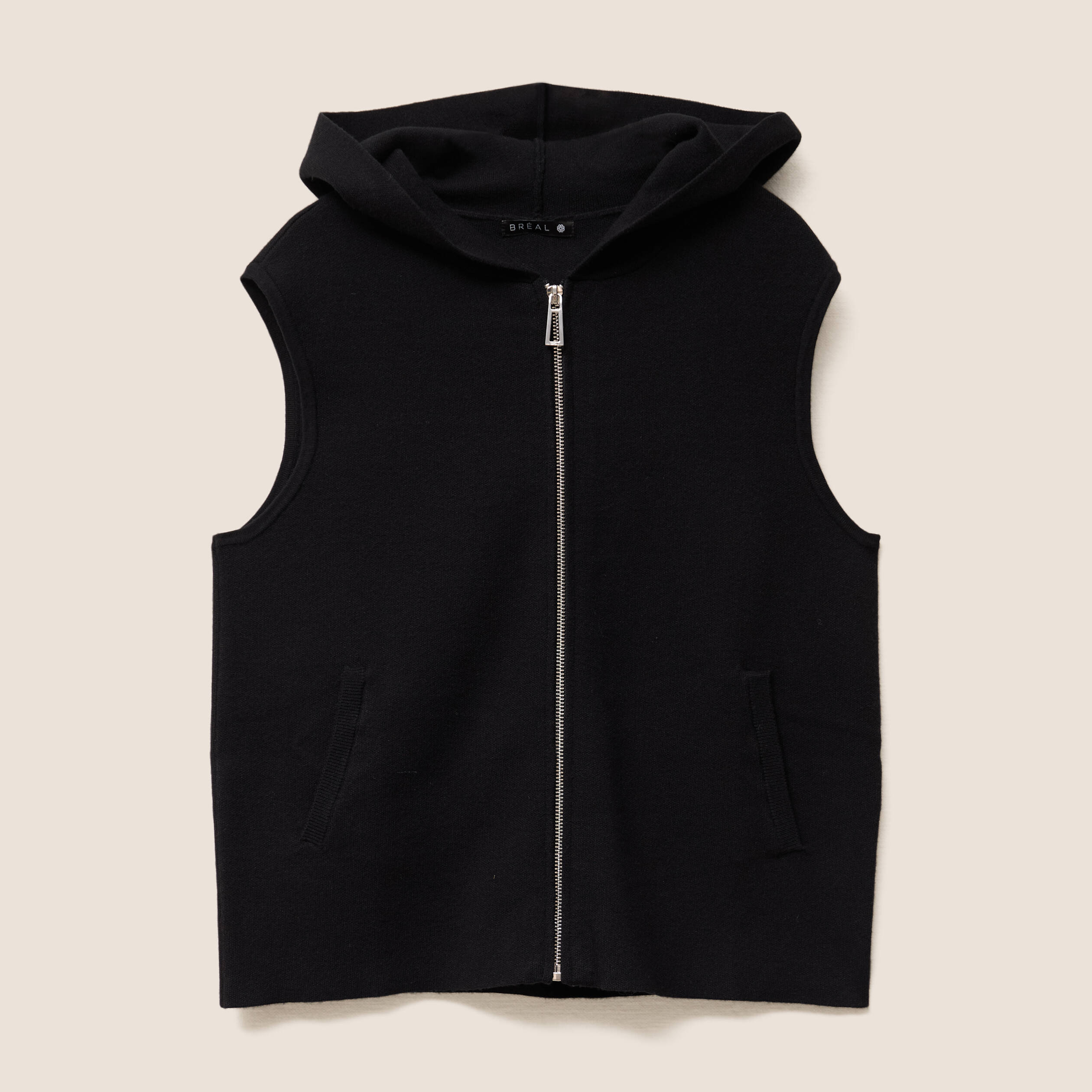 Gilet droit mi-long &agrave; capuche noir femme