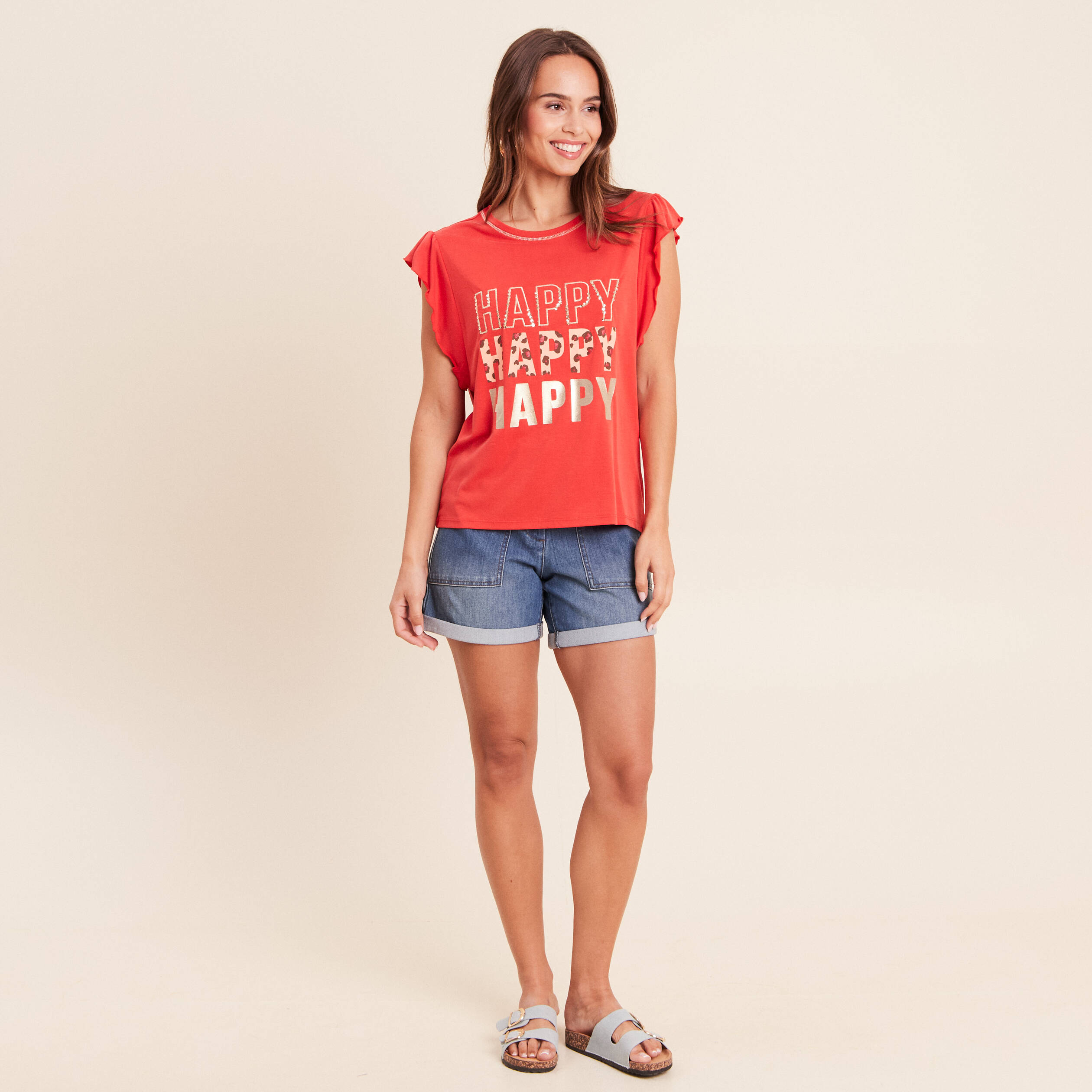 T-shirt manches courtes &agrave; volants orange fonc&eacute; femme