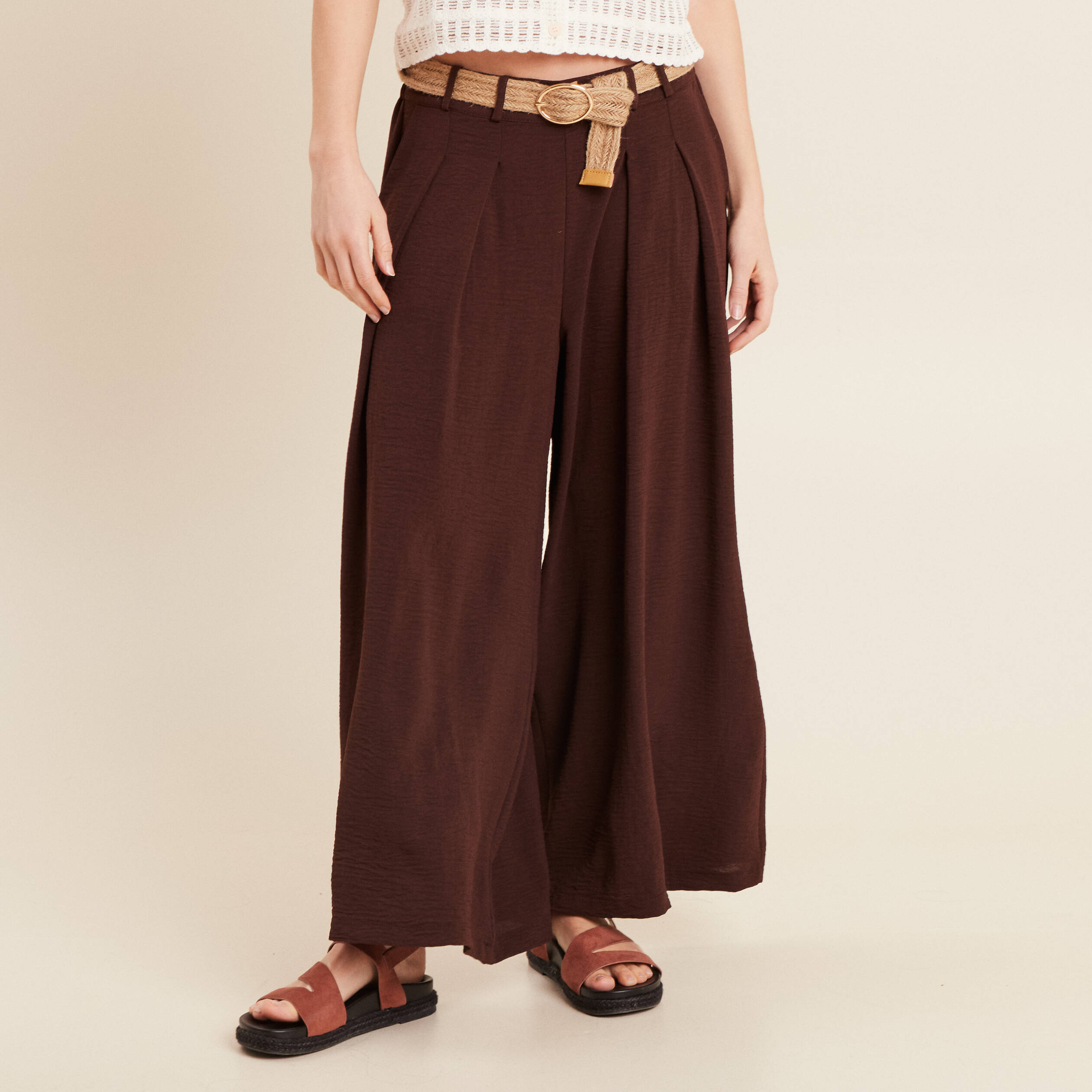 Pantalon jupe-culotte large bordeaux femme