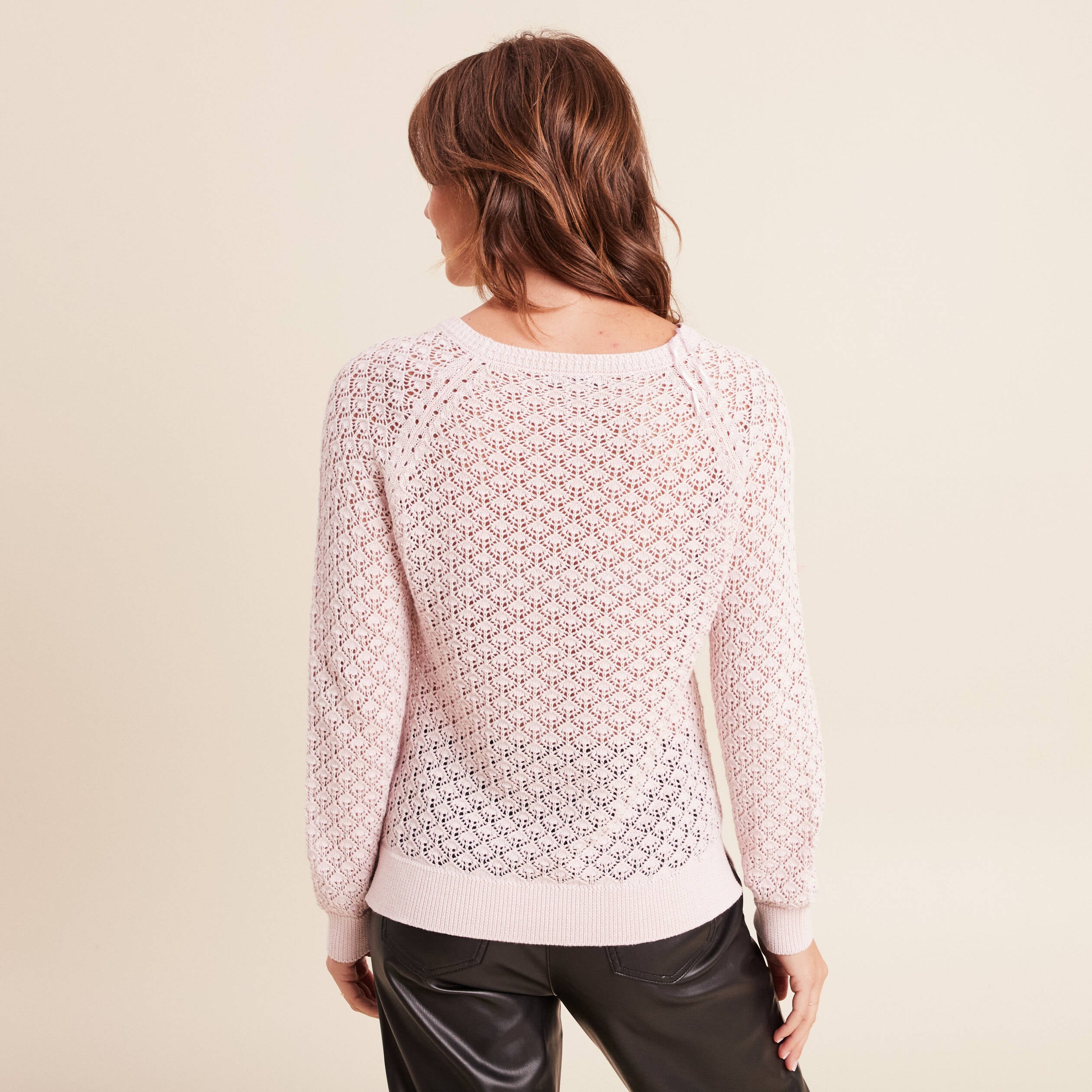 Pull col rond manches longues rose clair femme