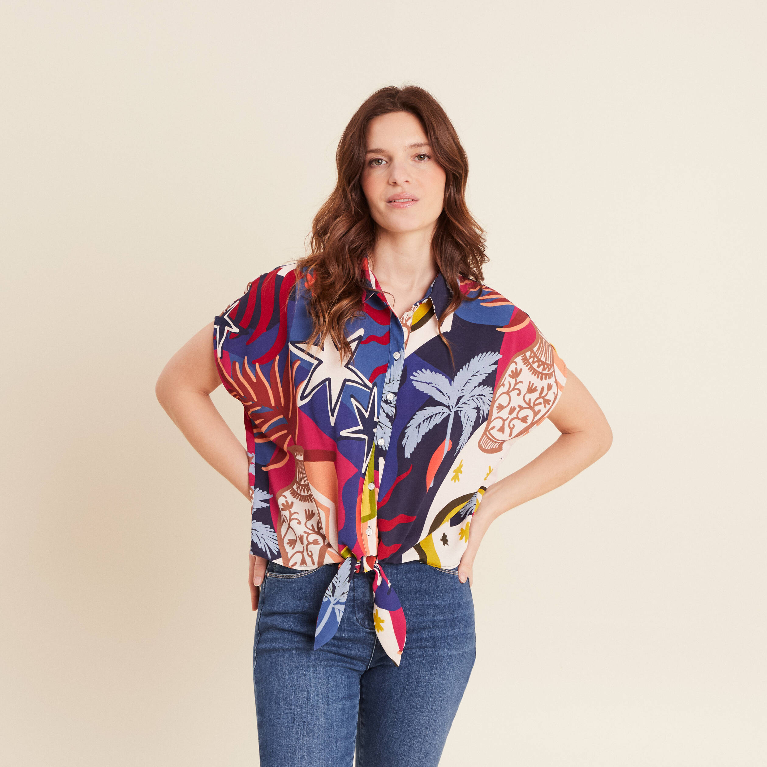 Chemise manches courtes nouée bleu femme