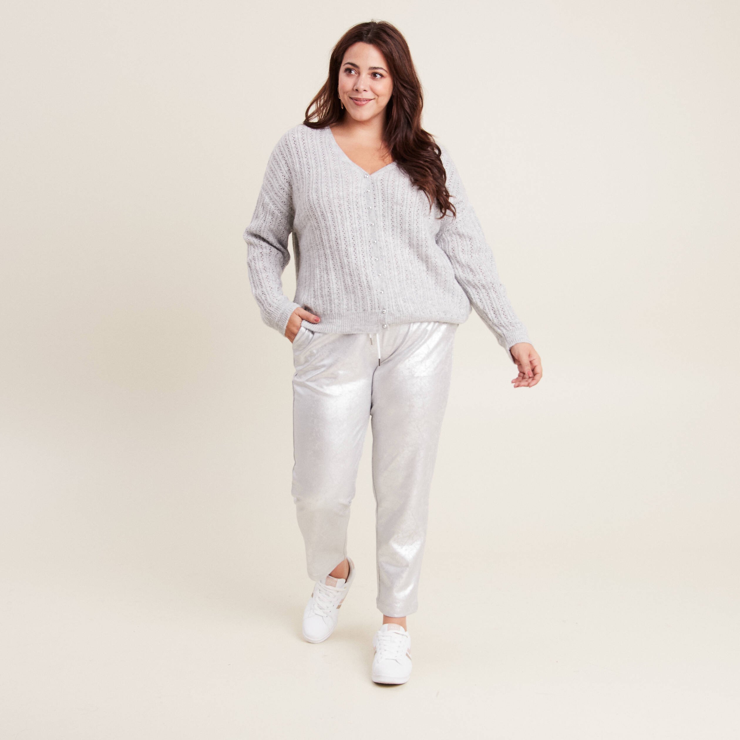 Pantalon jogging métallisé gris argent femme