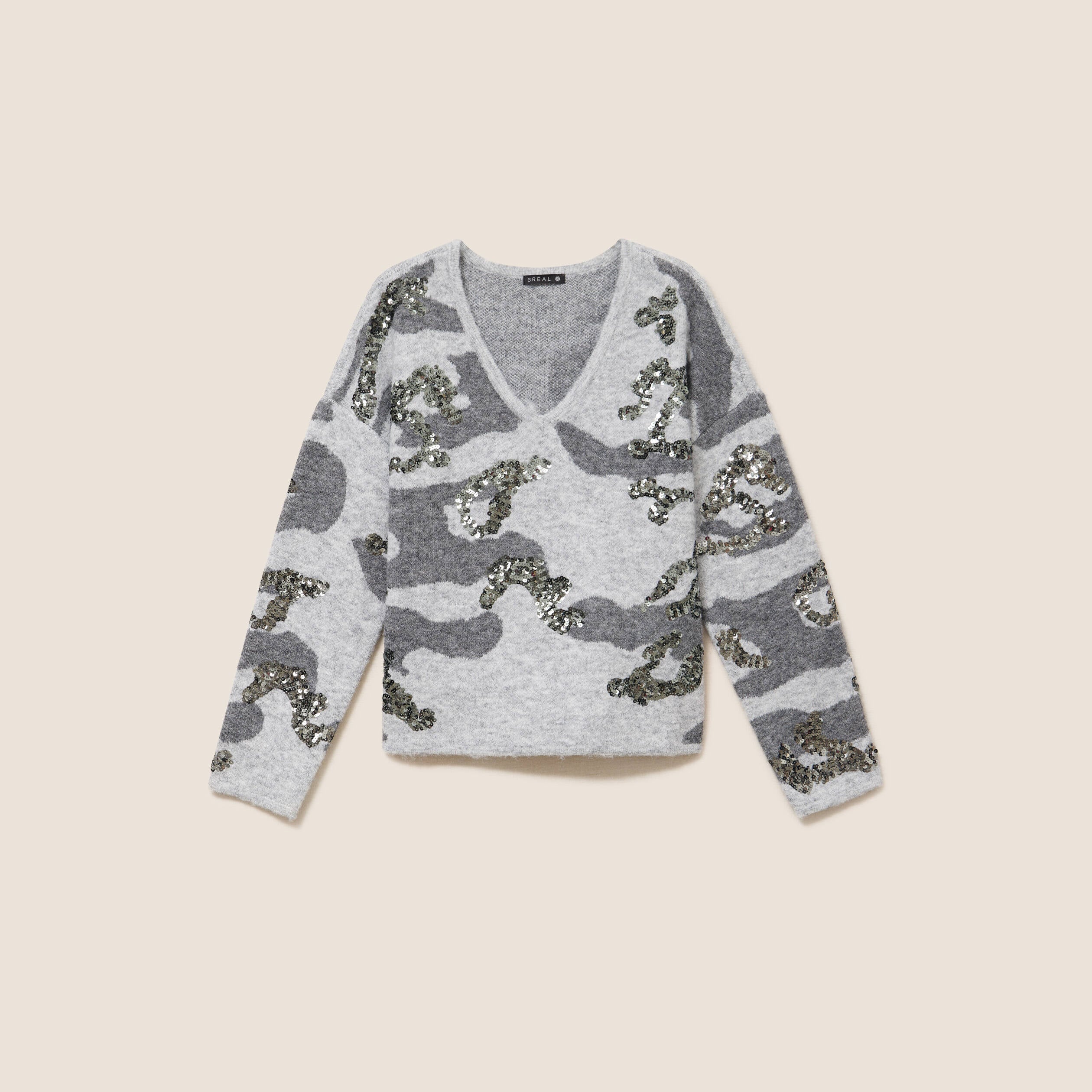Pull col v &agrave; sequins gris femme