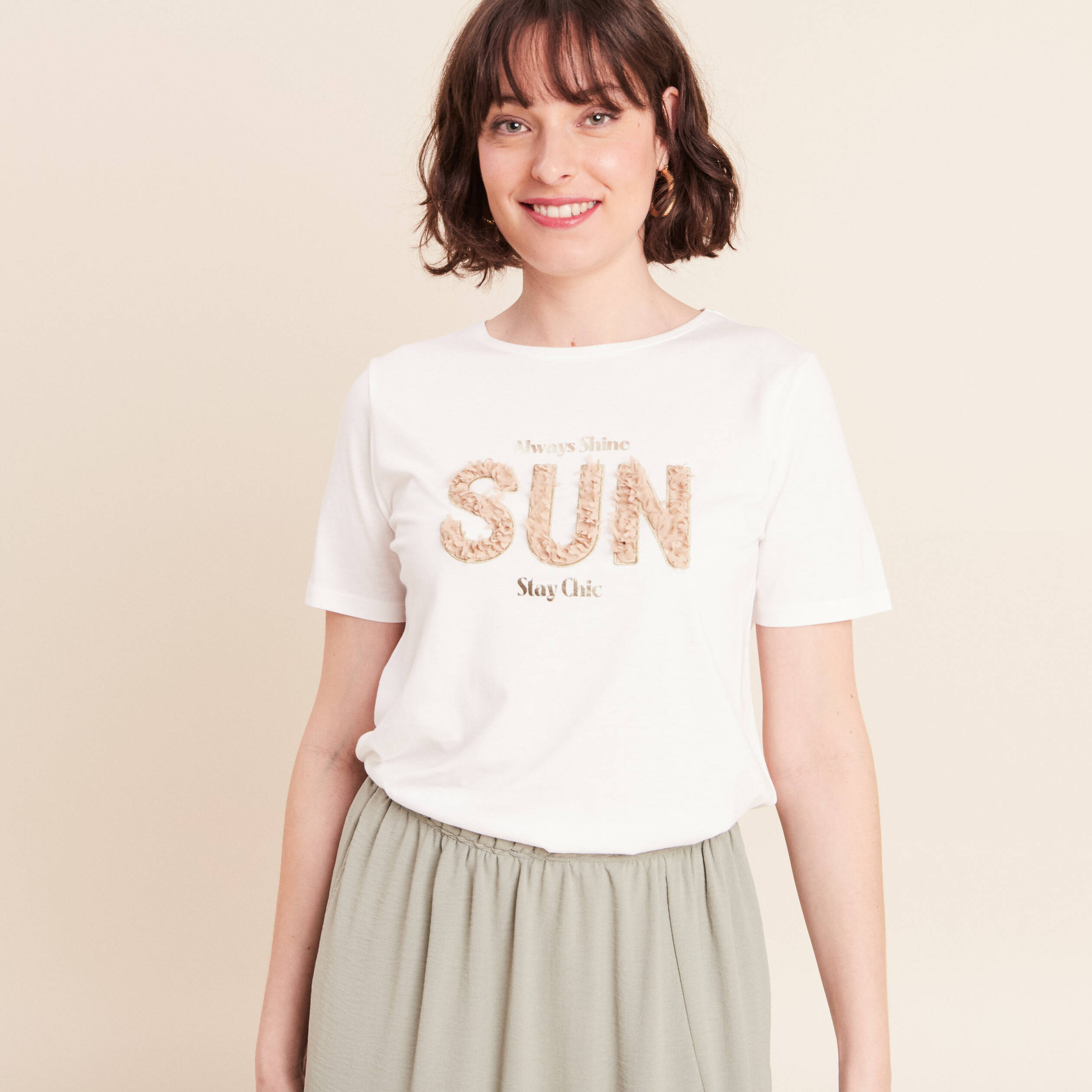 T-shirt col rond manches courtes ecru femme