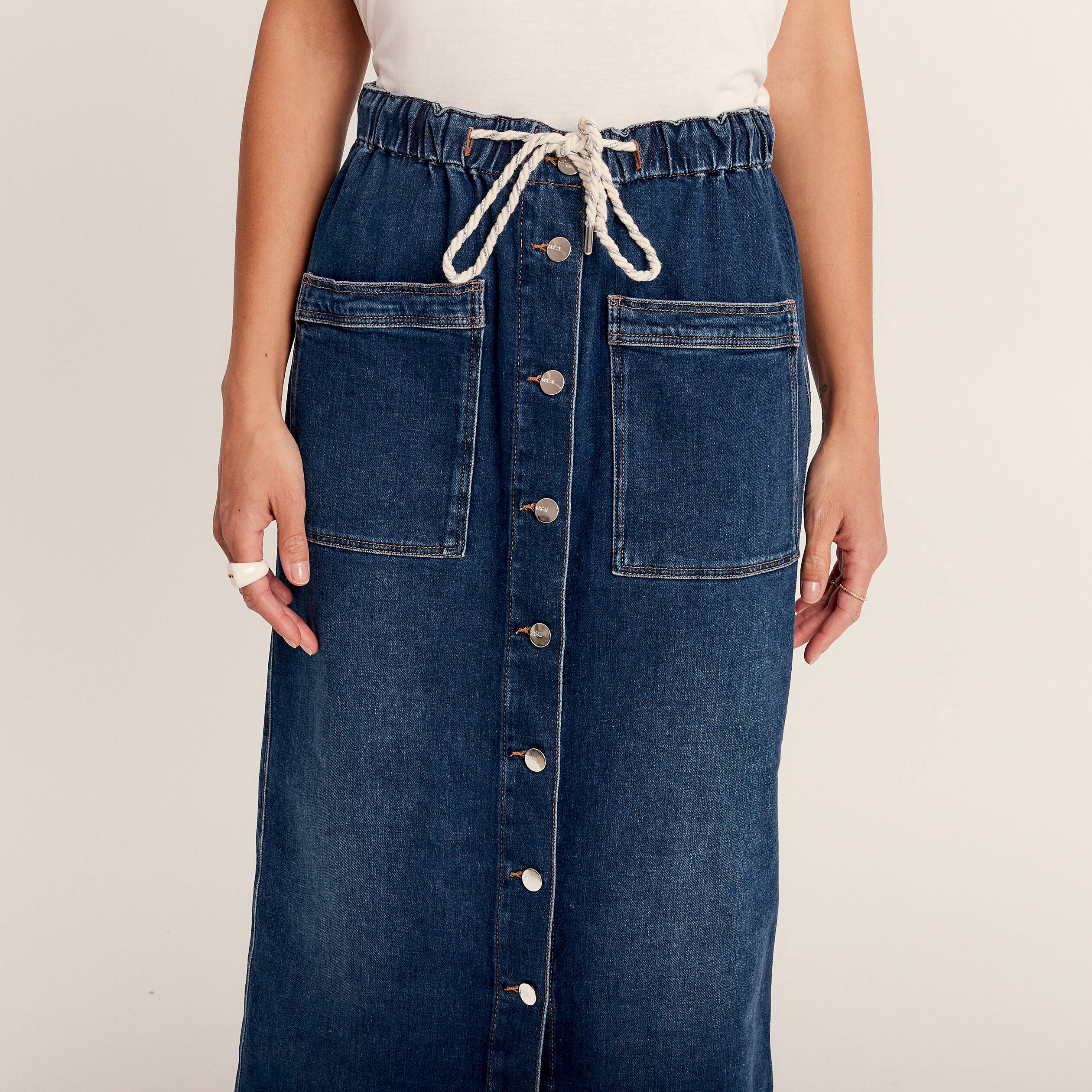 Jupe longue droite en jean denim stone femme
