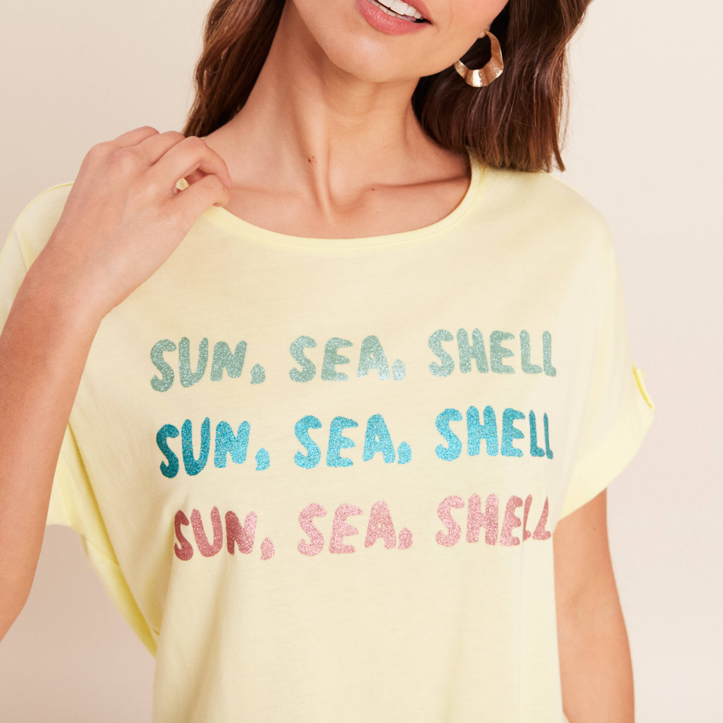 T-shirt col rond manches courtes jaune pastel femme