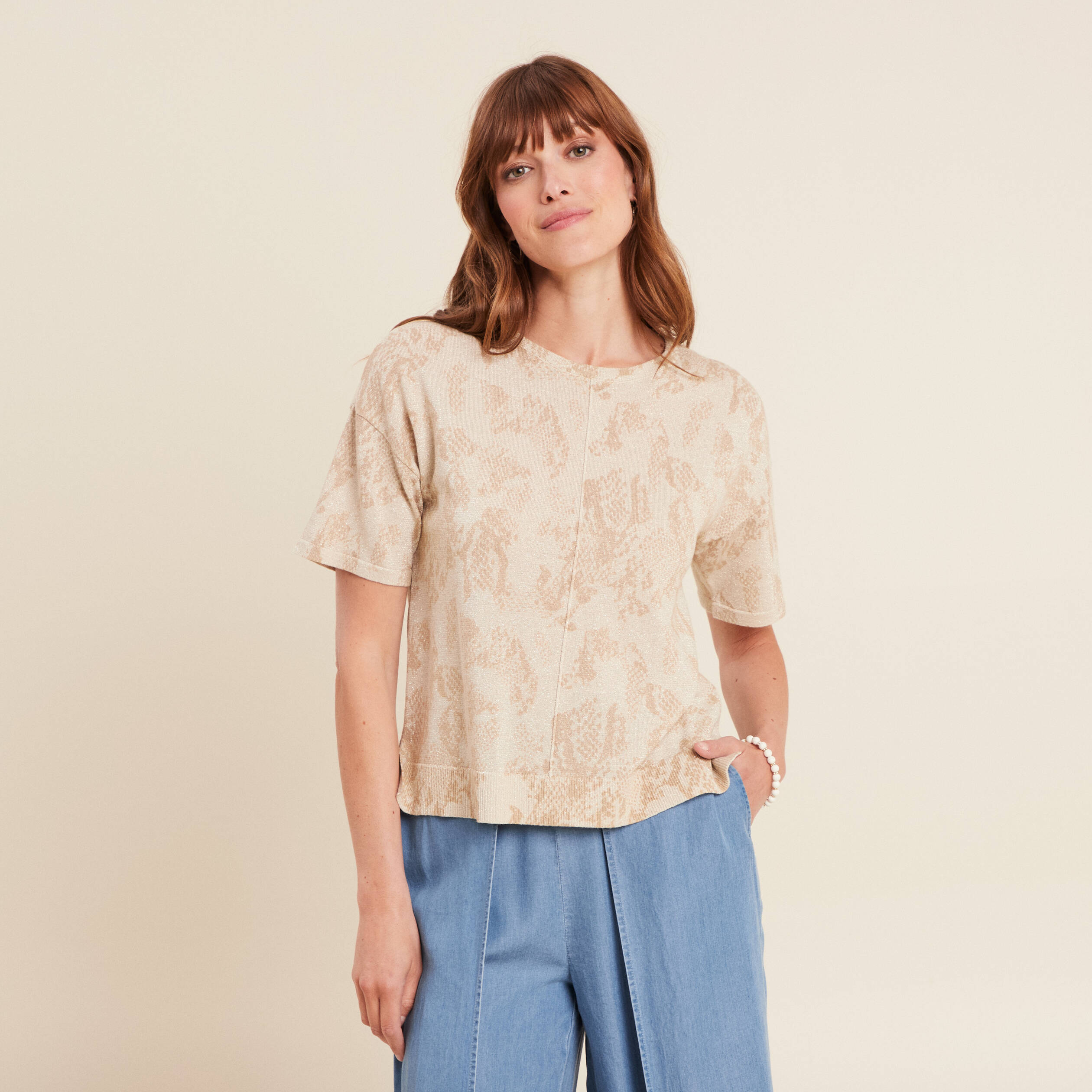 pull col rond manches courtes beige femme Pull col rond manches courtes beige femme