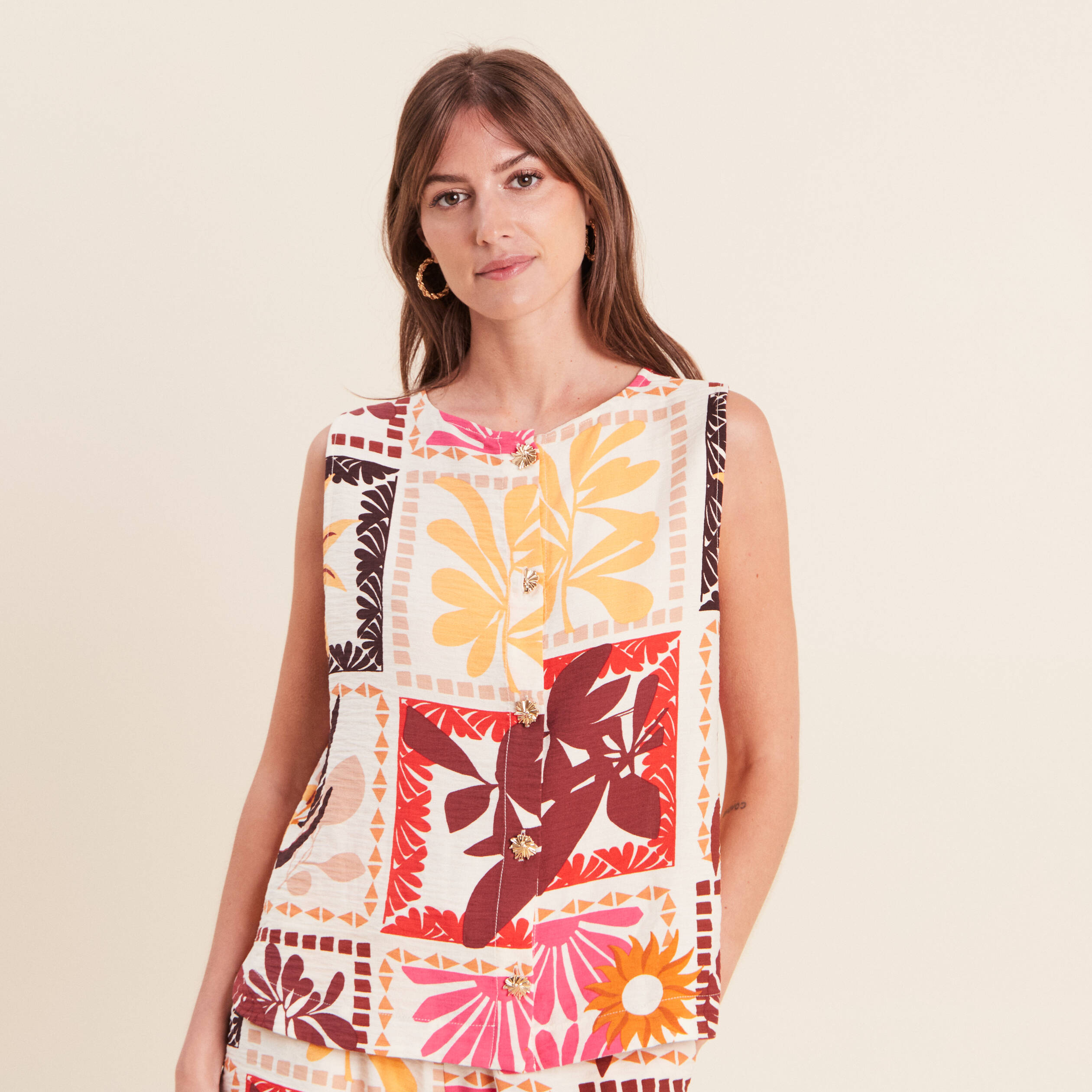 Blouse droite courte sans manches multicolore femme