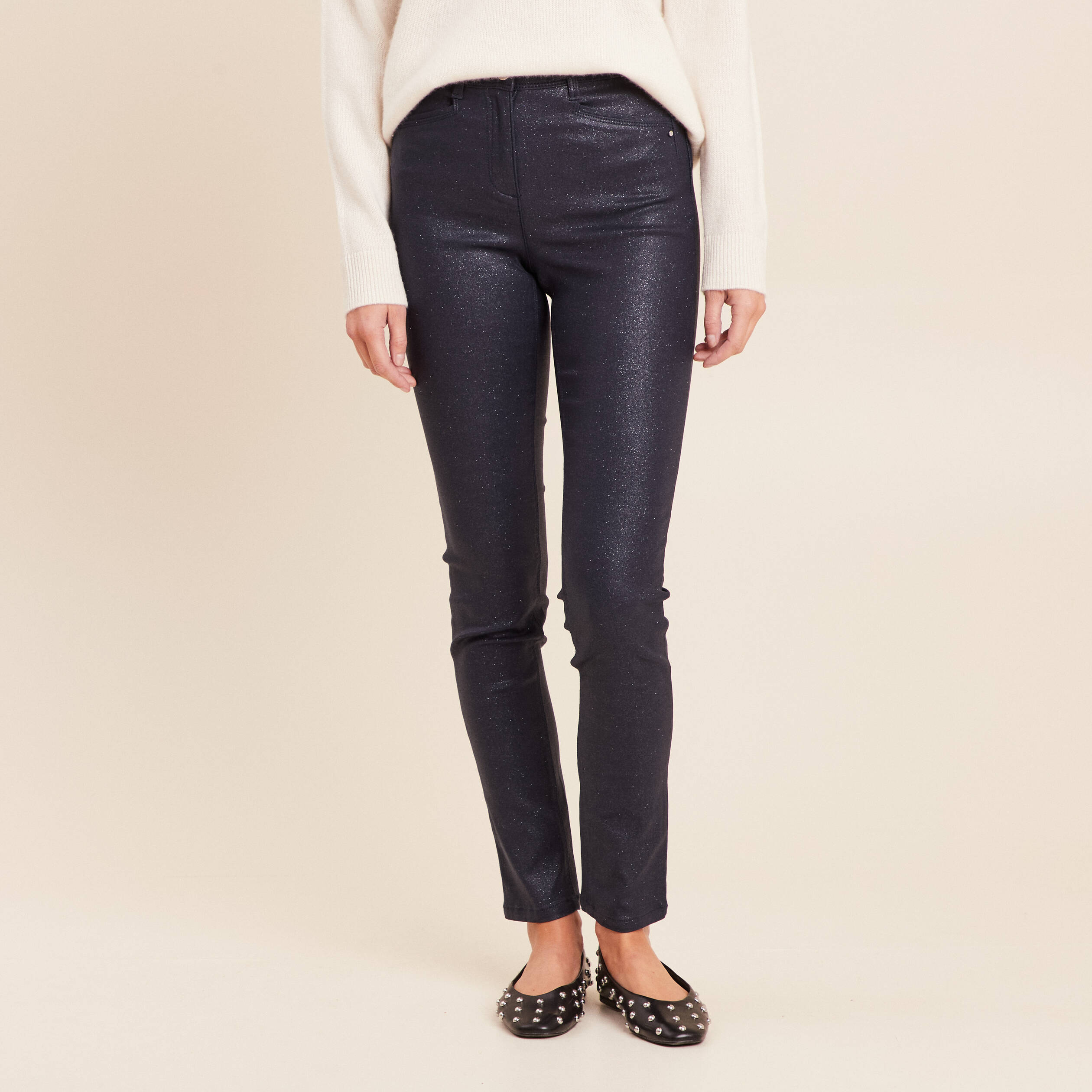 Pantalon iris&eacute; en similicuir bleu fonc&eacute; femme