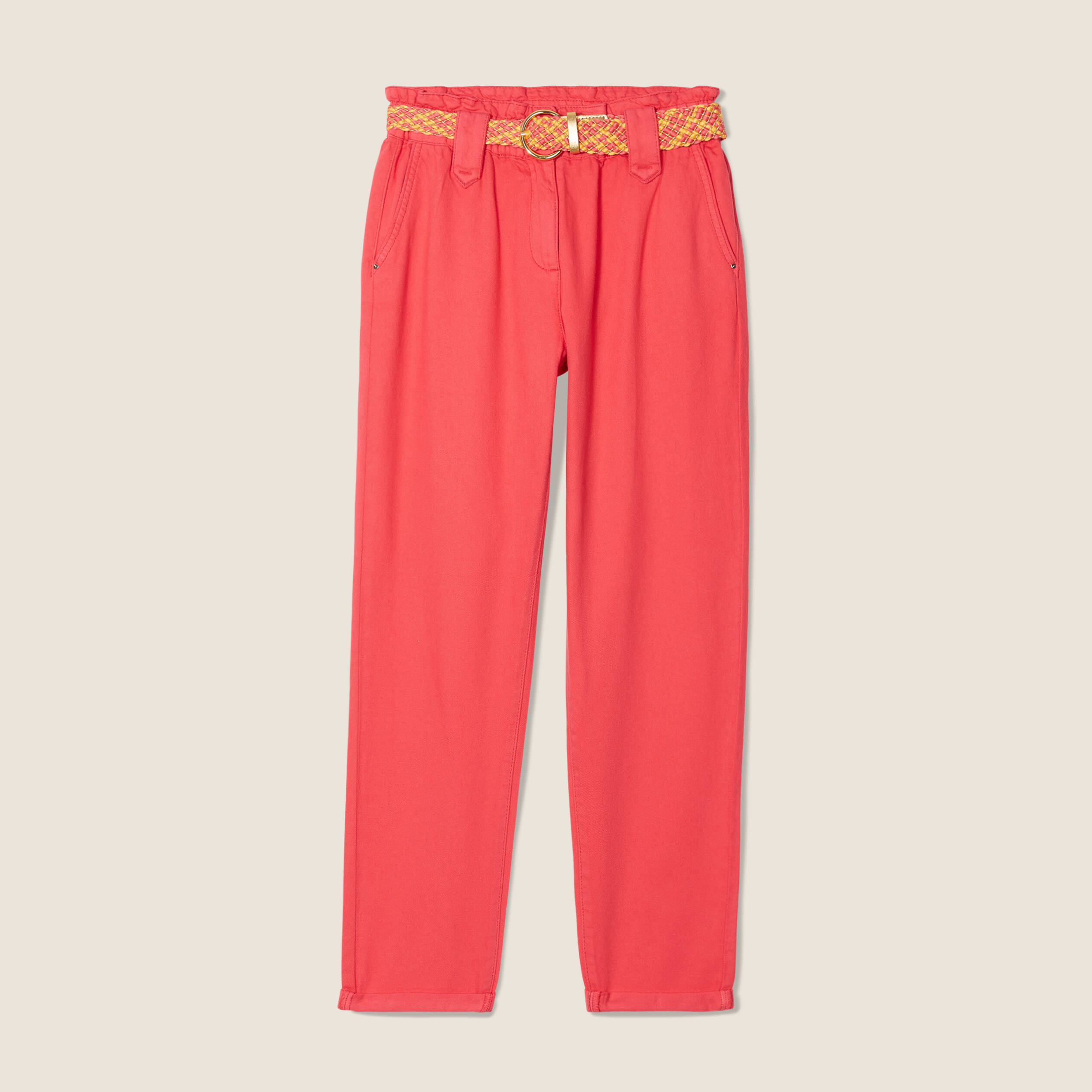 Pantalon carotte ceintur&eacute; rose cerise femme