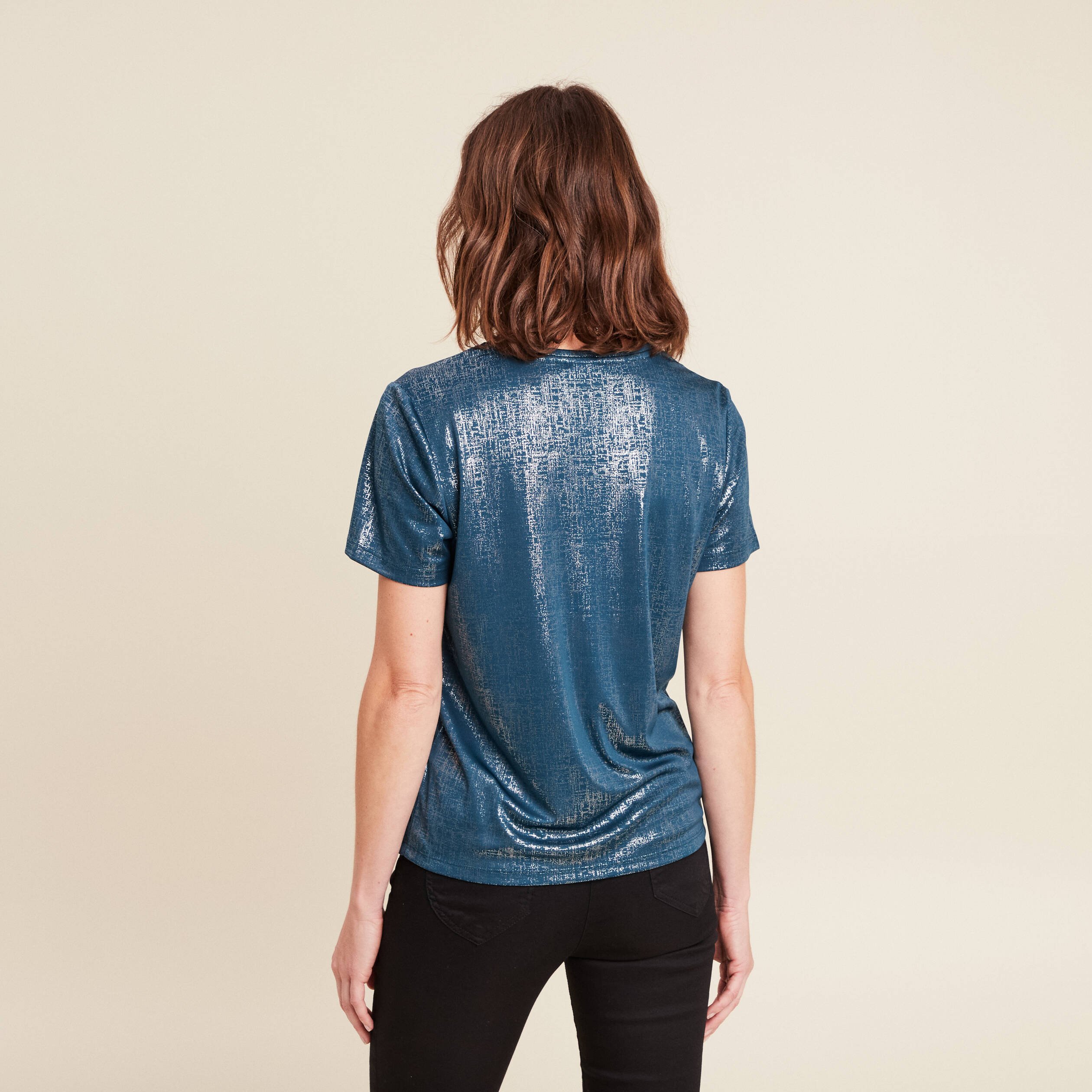 t shirt droit court satine col rond bleu canard femme t-shirt droit court satiné col rond bleu canard femme