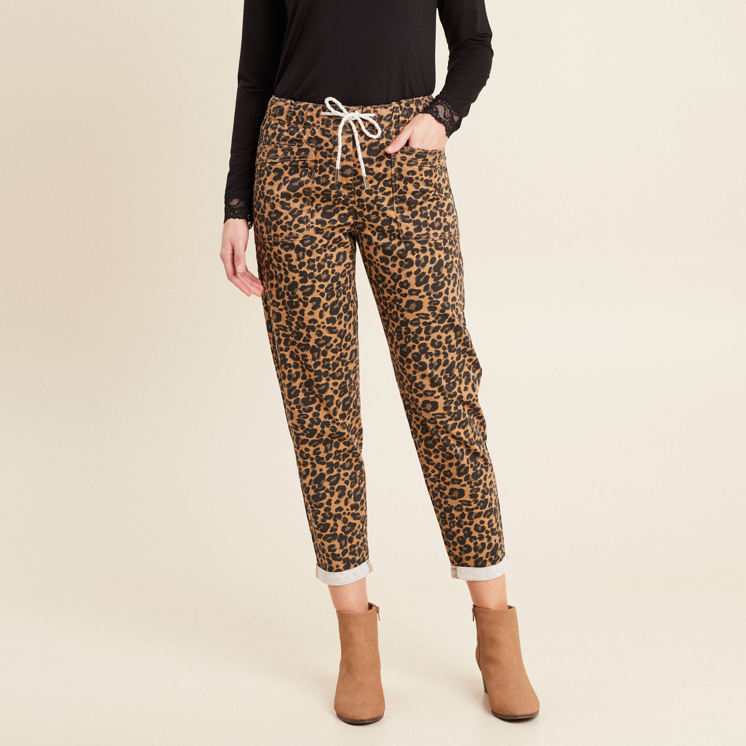 Pantalon paperbag 7/8ème marron femme