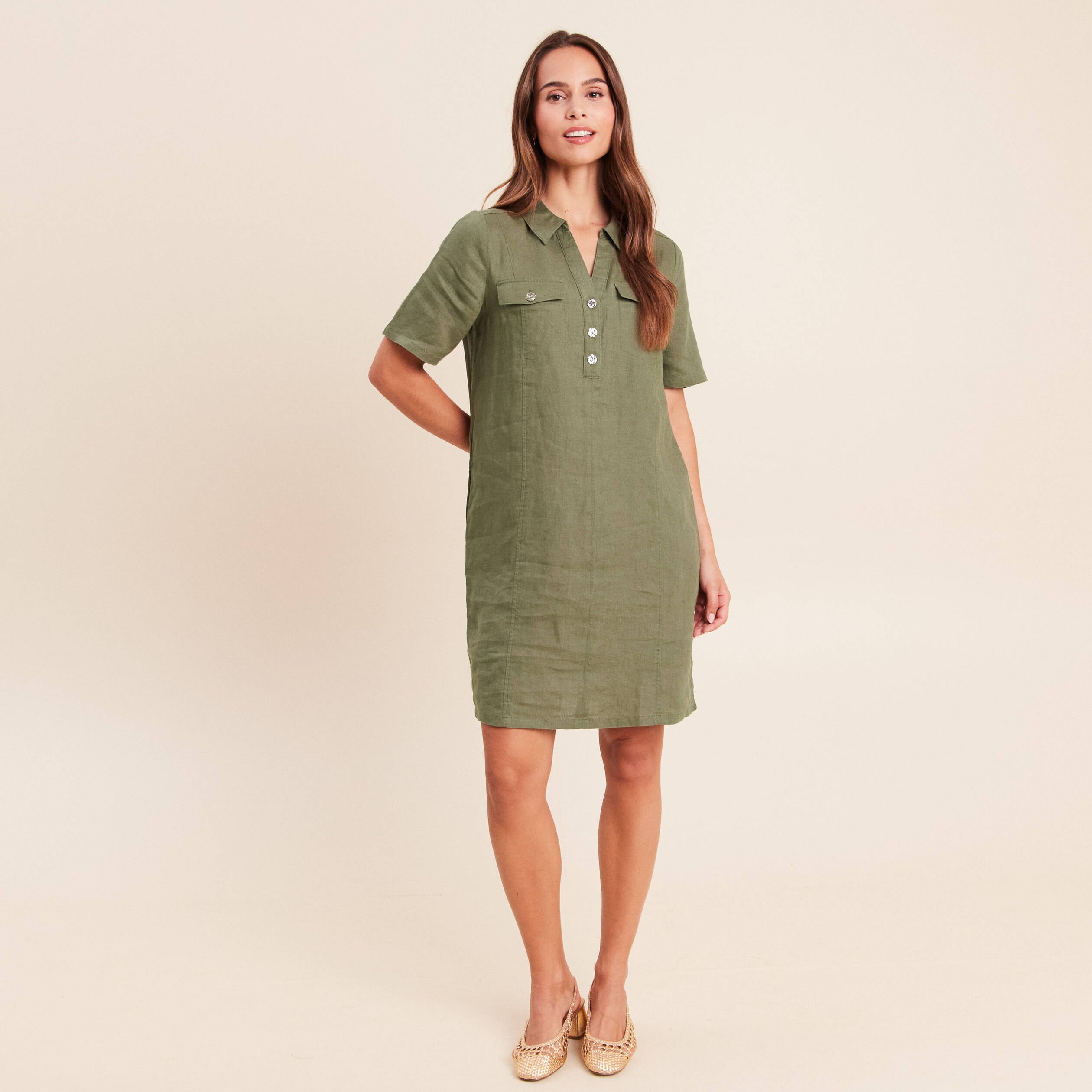 Robe droite courte col chemise vert kaki femme