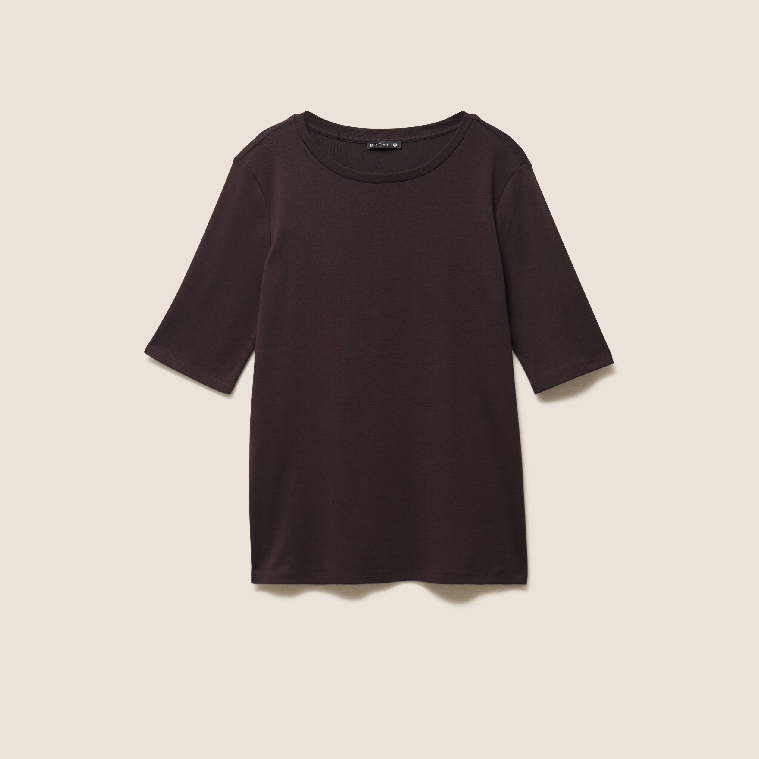 T-shirt ajust&eacute; col rond manches coudes marron fonc&eacute; femme