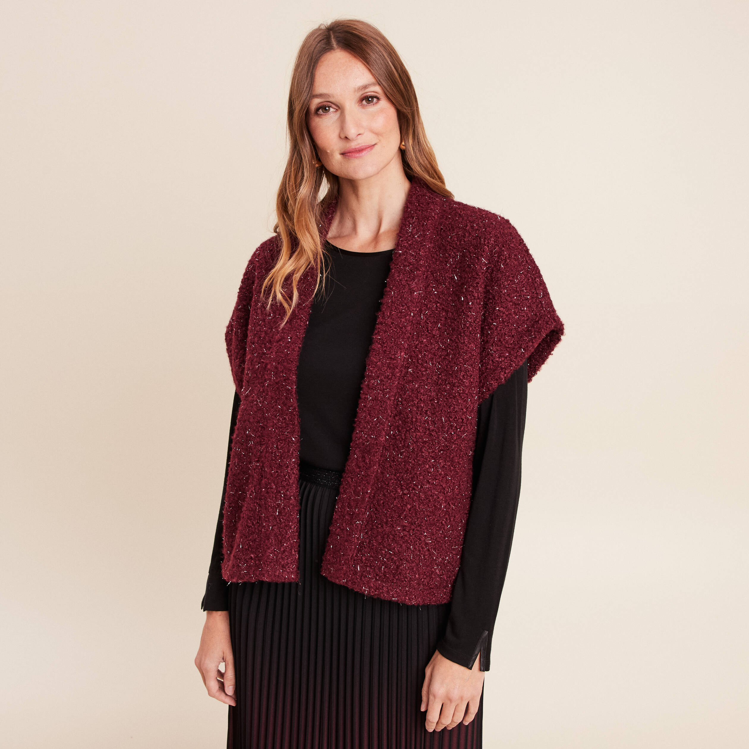 Top Shein Bordeaux à Perles - Manches Courtes - Taille S - Occasion Très Bon état