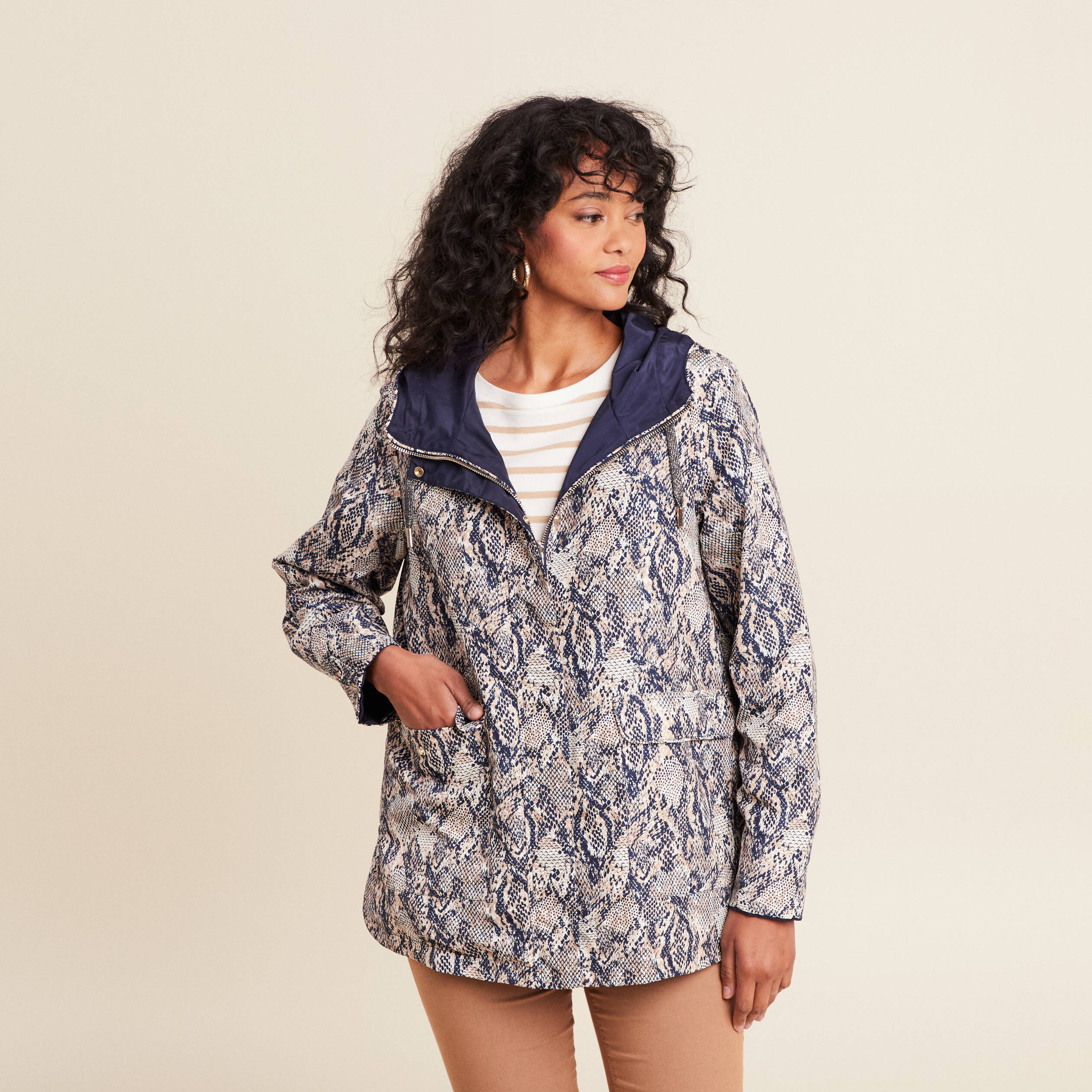 parka cintrée réversible à capuche beige femme