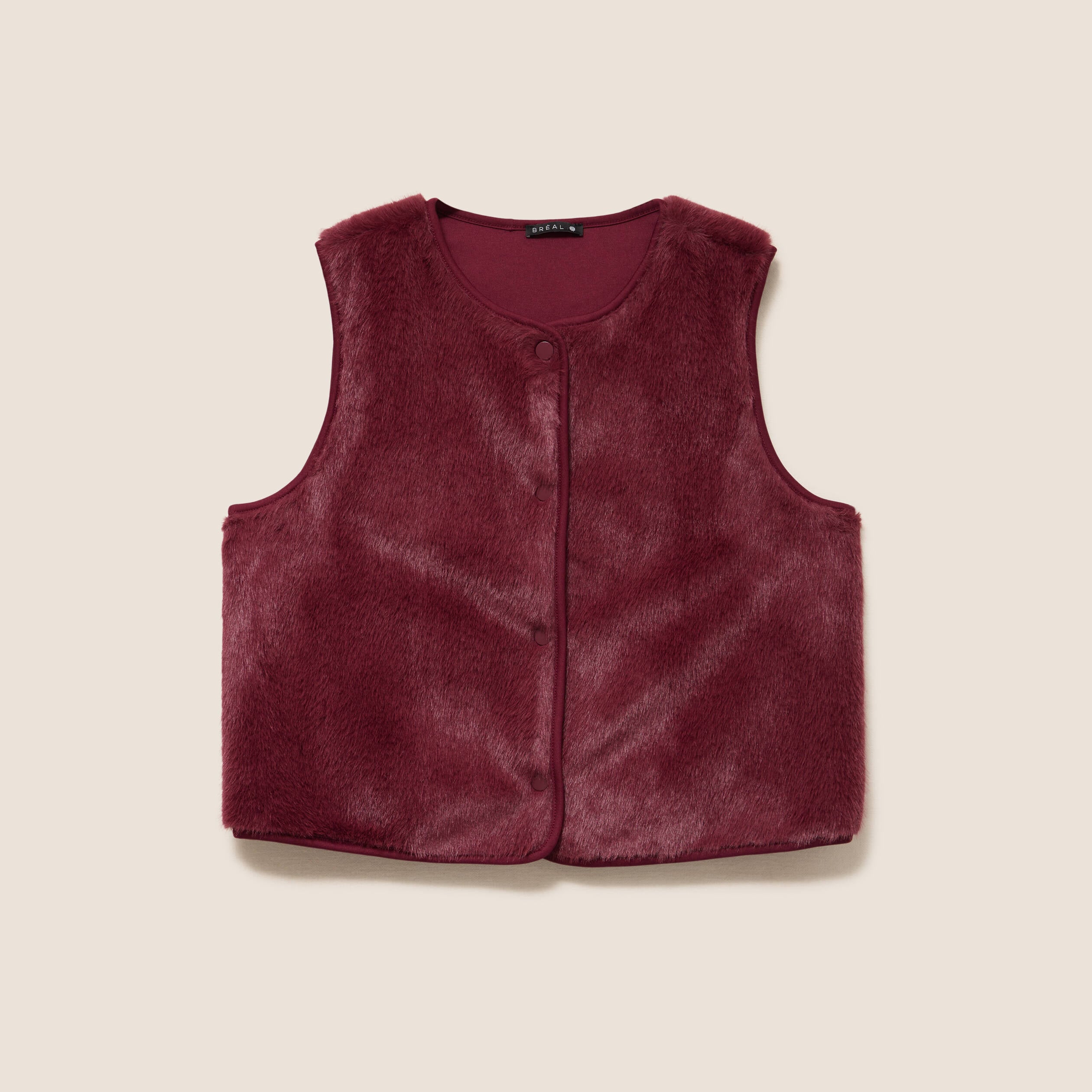 Gilet droit sans manches fausse fourrure bordeaux femme