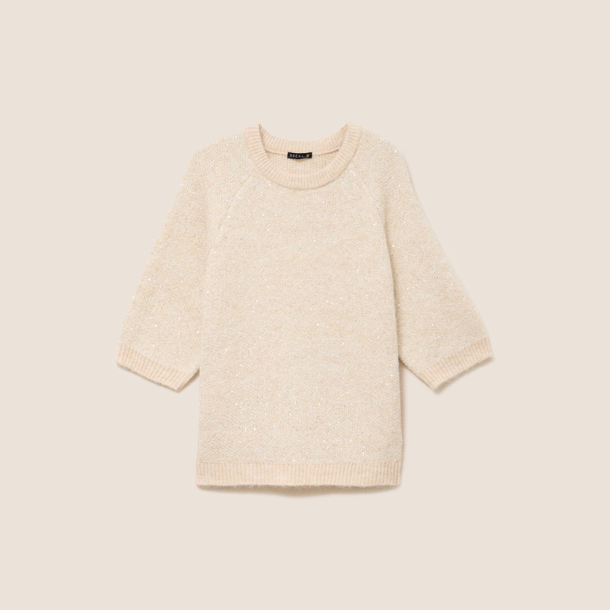 Pull col rond &agrave; sequins beige femme