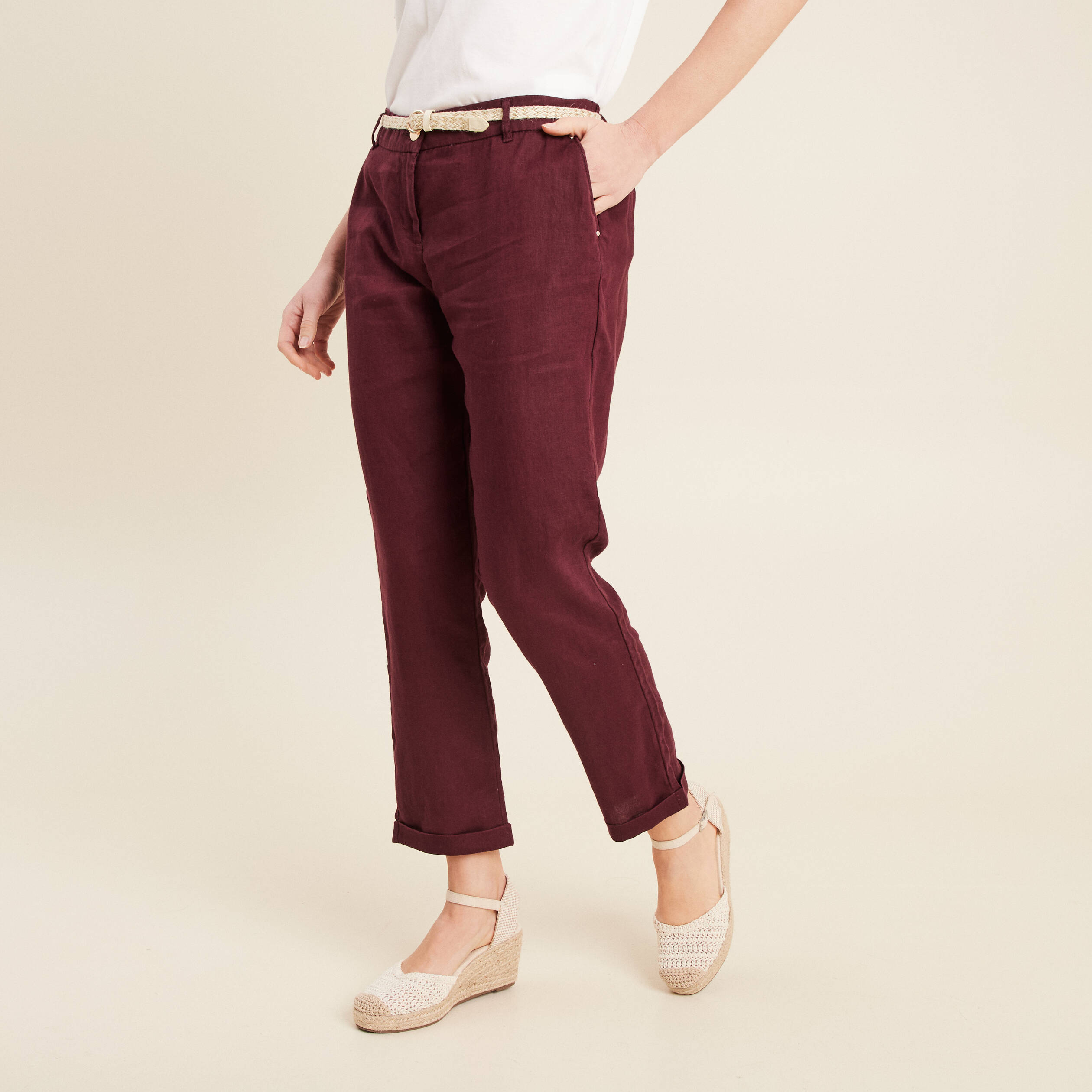 Pantalon flou ceinturé prune femme