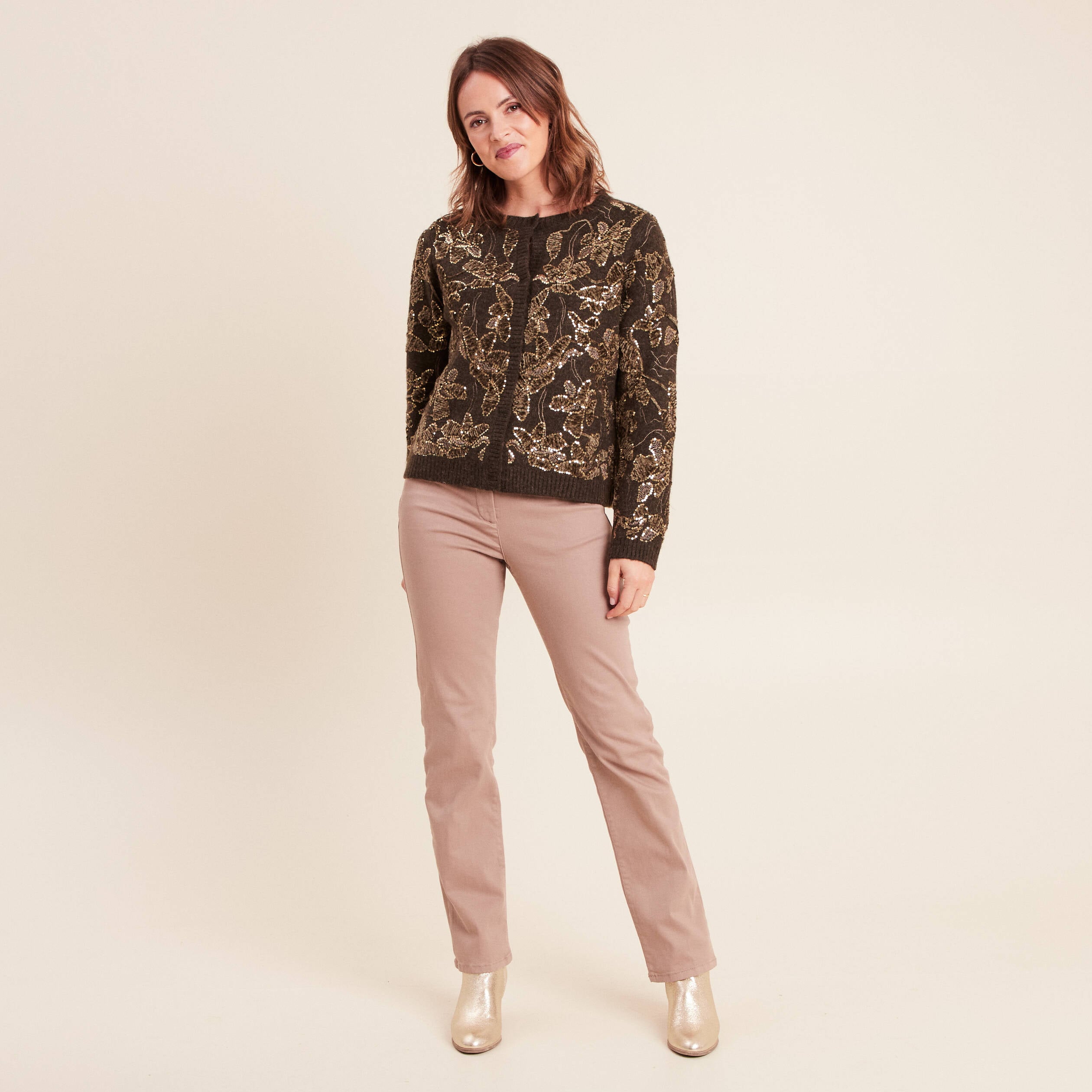 Gilet droit brod&eacute; &agrave; sequins vert kaki femme