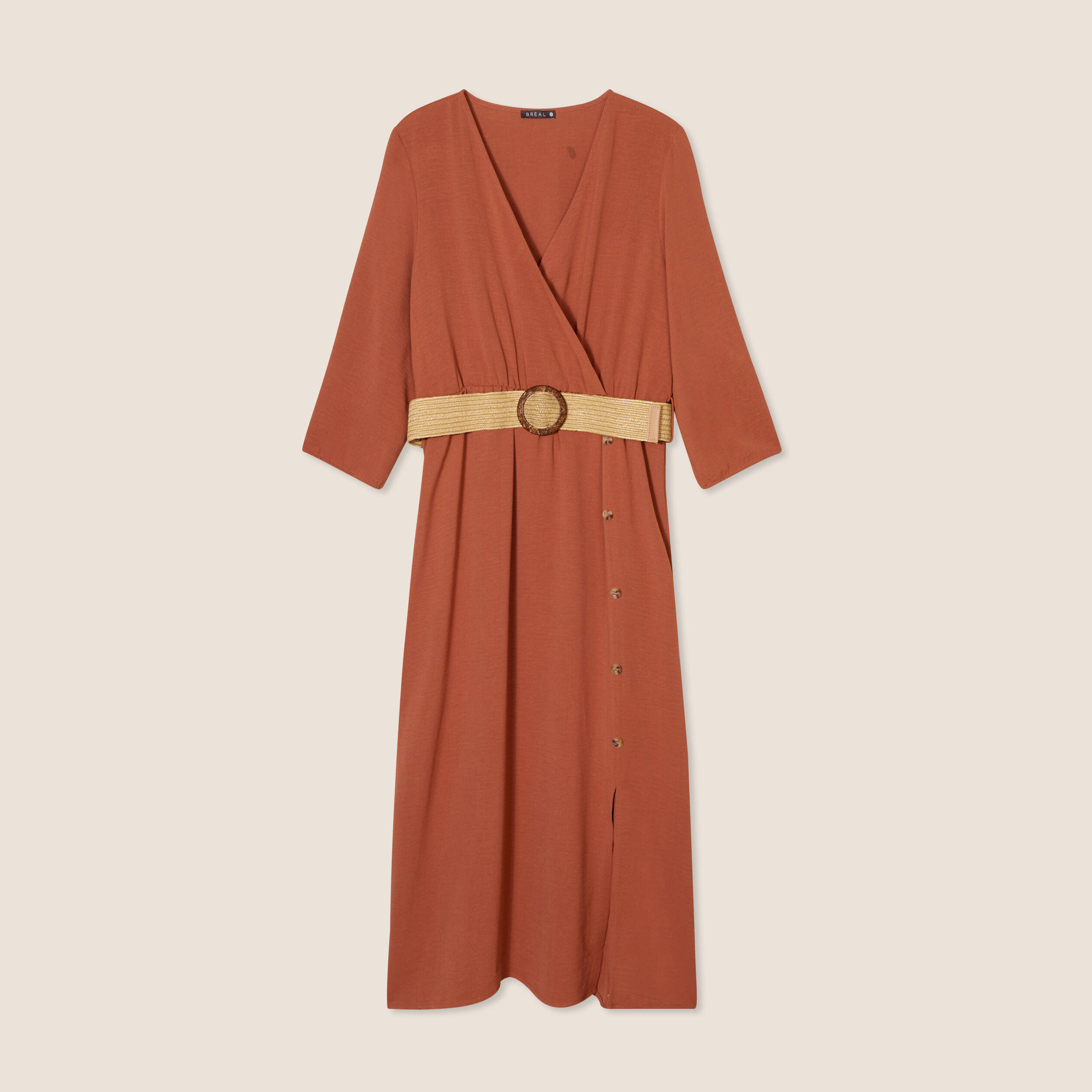 Robe droite ceinturée marron foncé femme