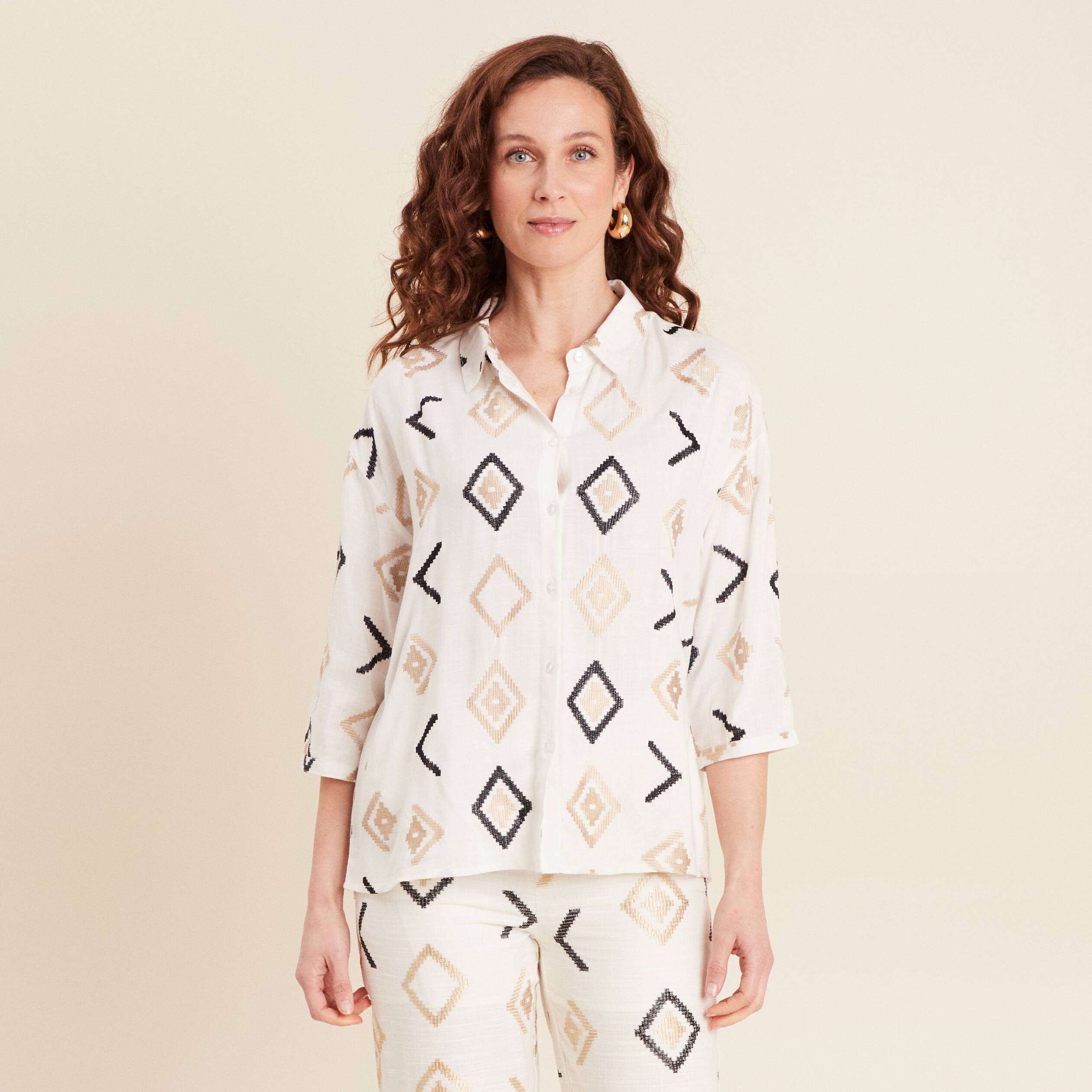 Chemise manches 3/4 brodée blanc femme