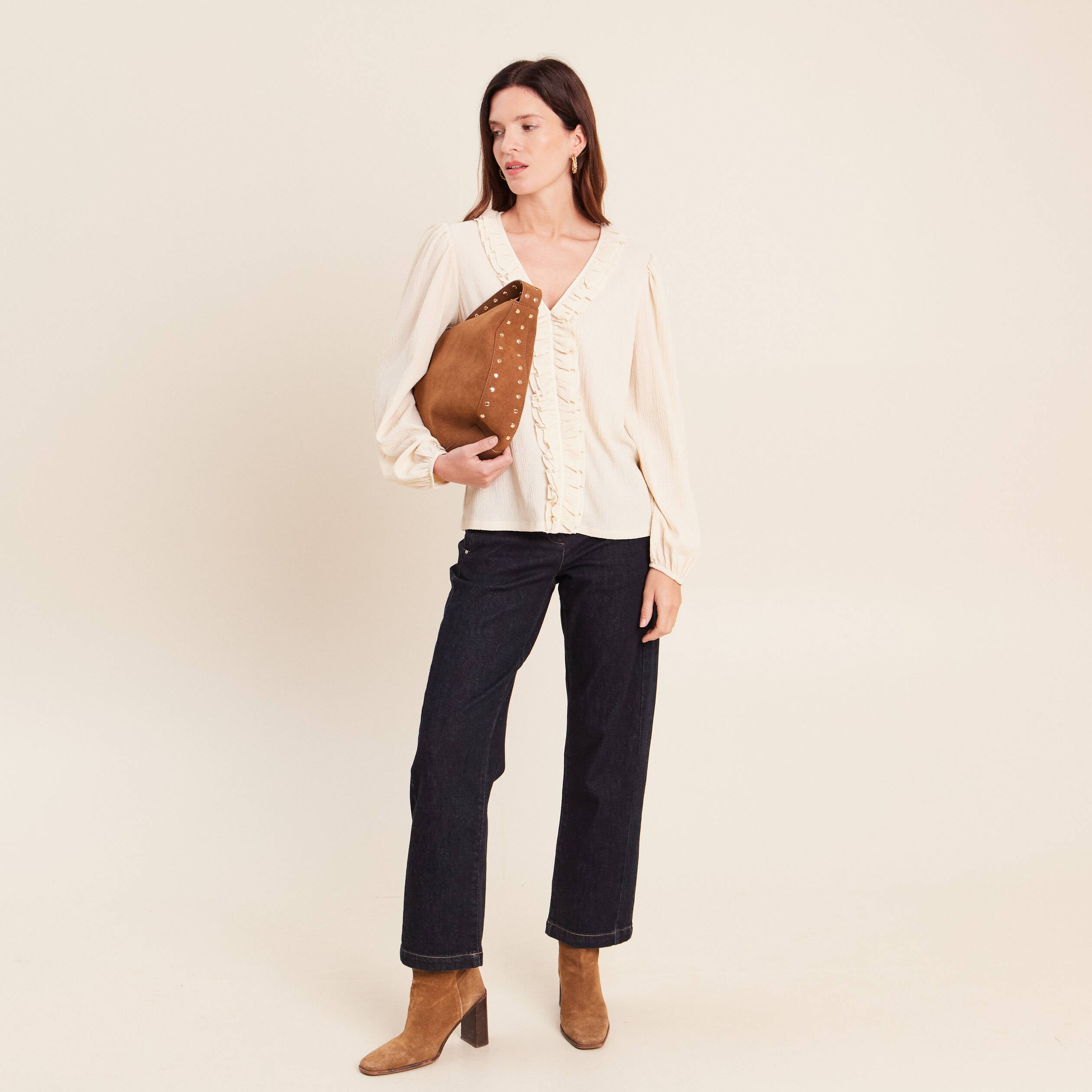 Blouse col v manches longues sable femme
