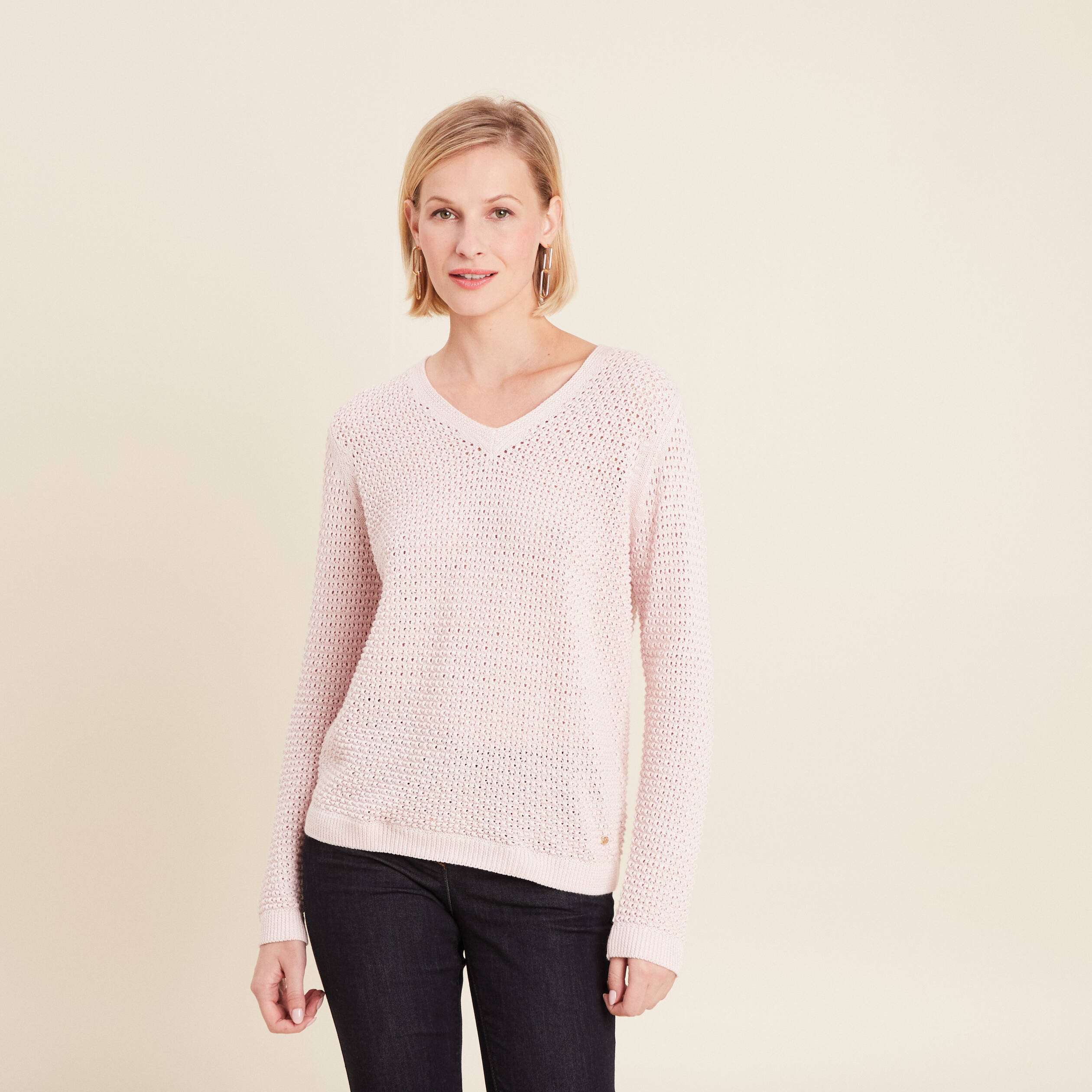 pull manches longues col en v rose clair femme Pull manches longues col en V rose clair femme
