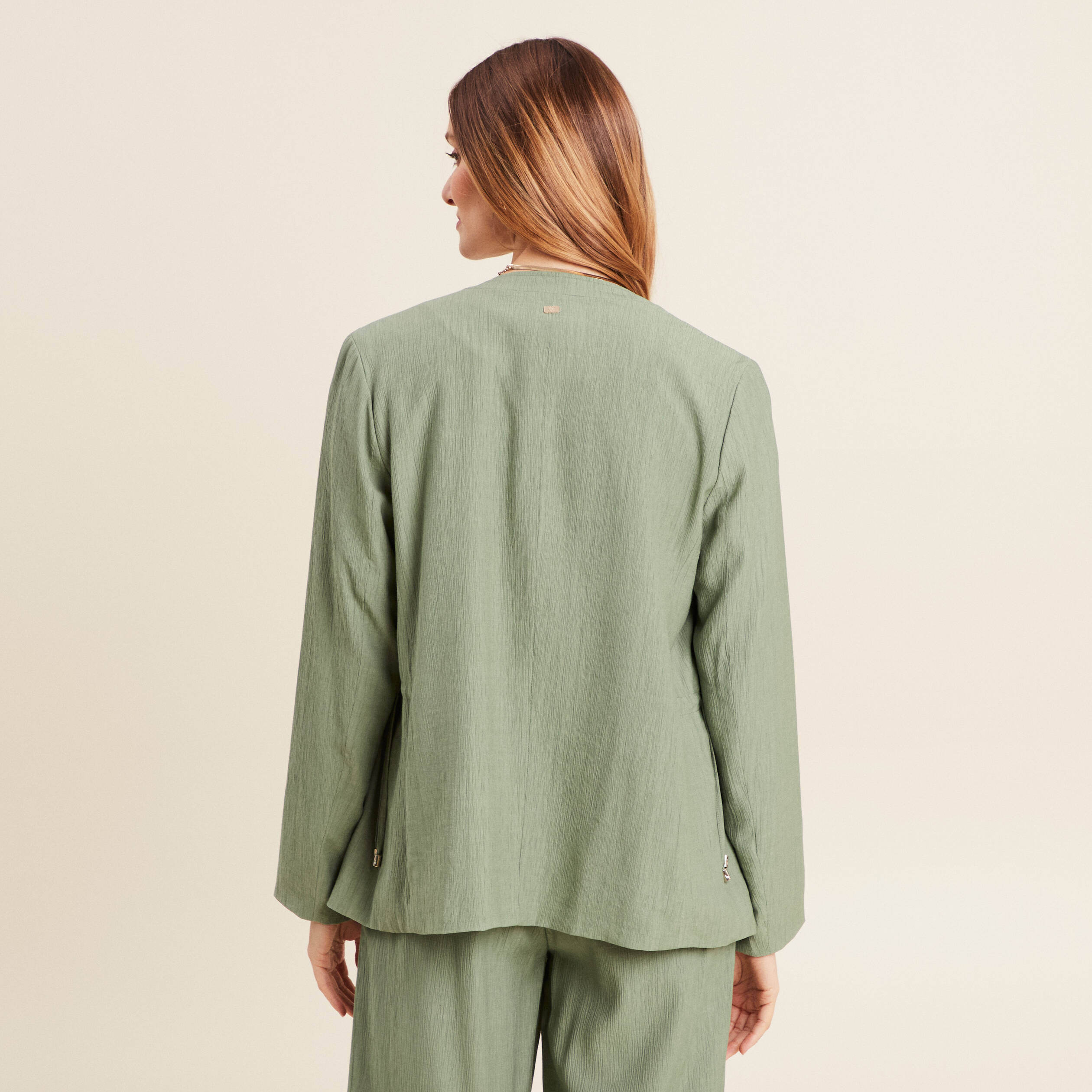 Veste fluide col cascade vert kaki femme