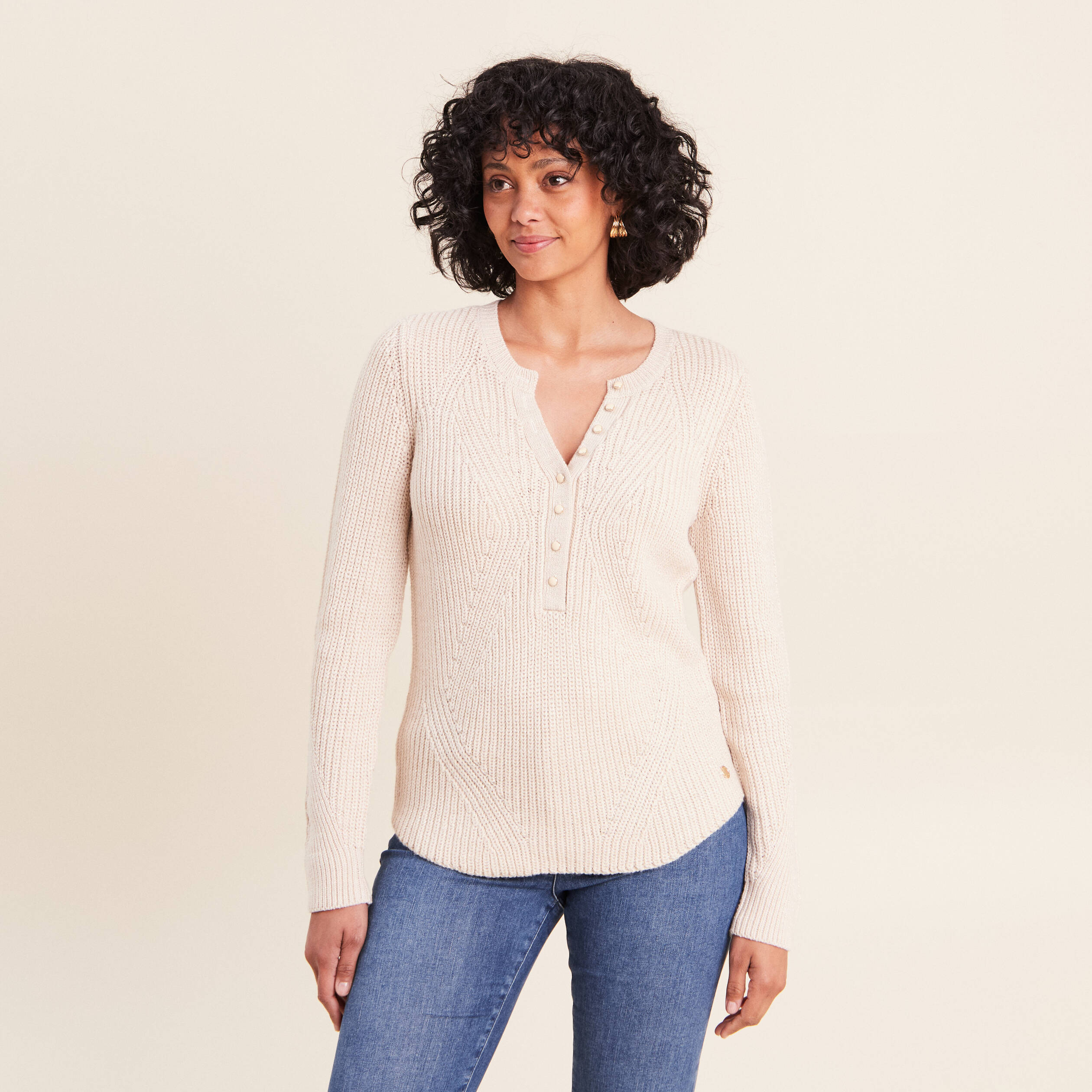 Pull manches longues creme femme