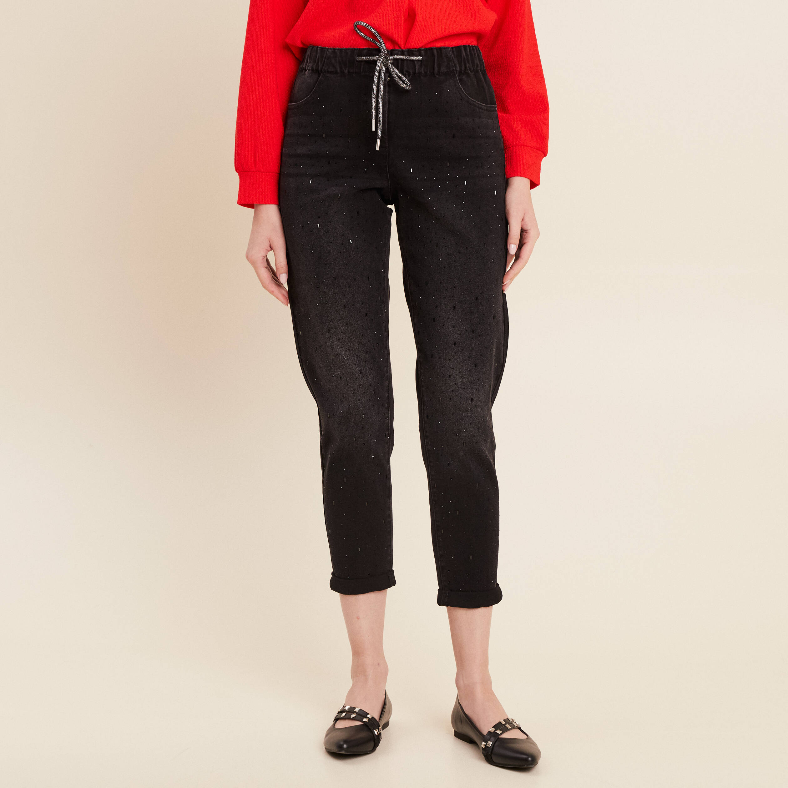 Jean jogging strass denim noir femme