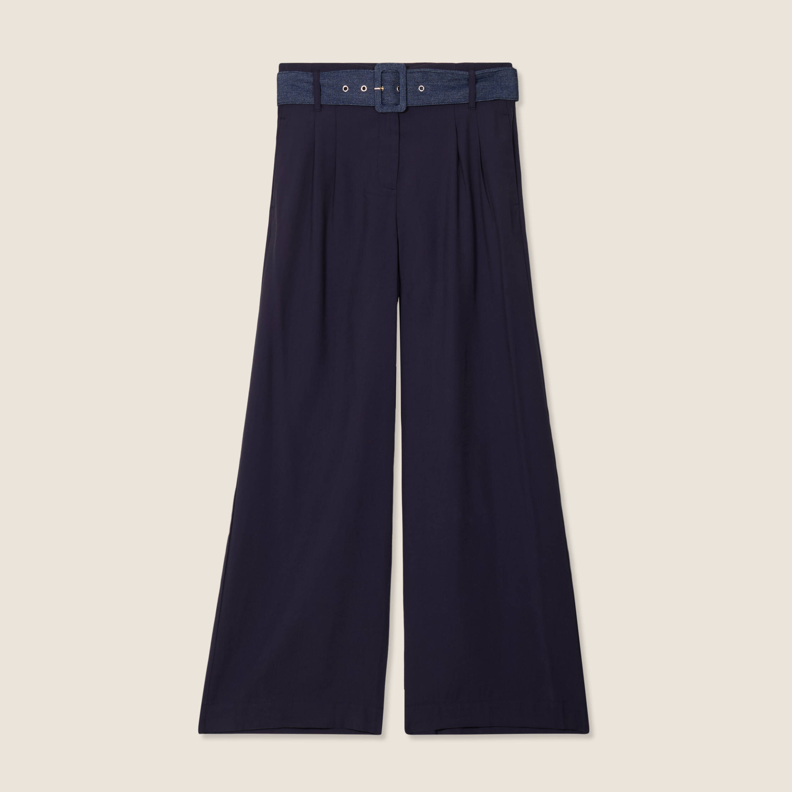 Pantalon large ceinturé bleu foncé femme