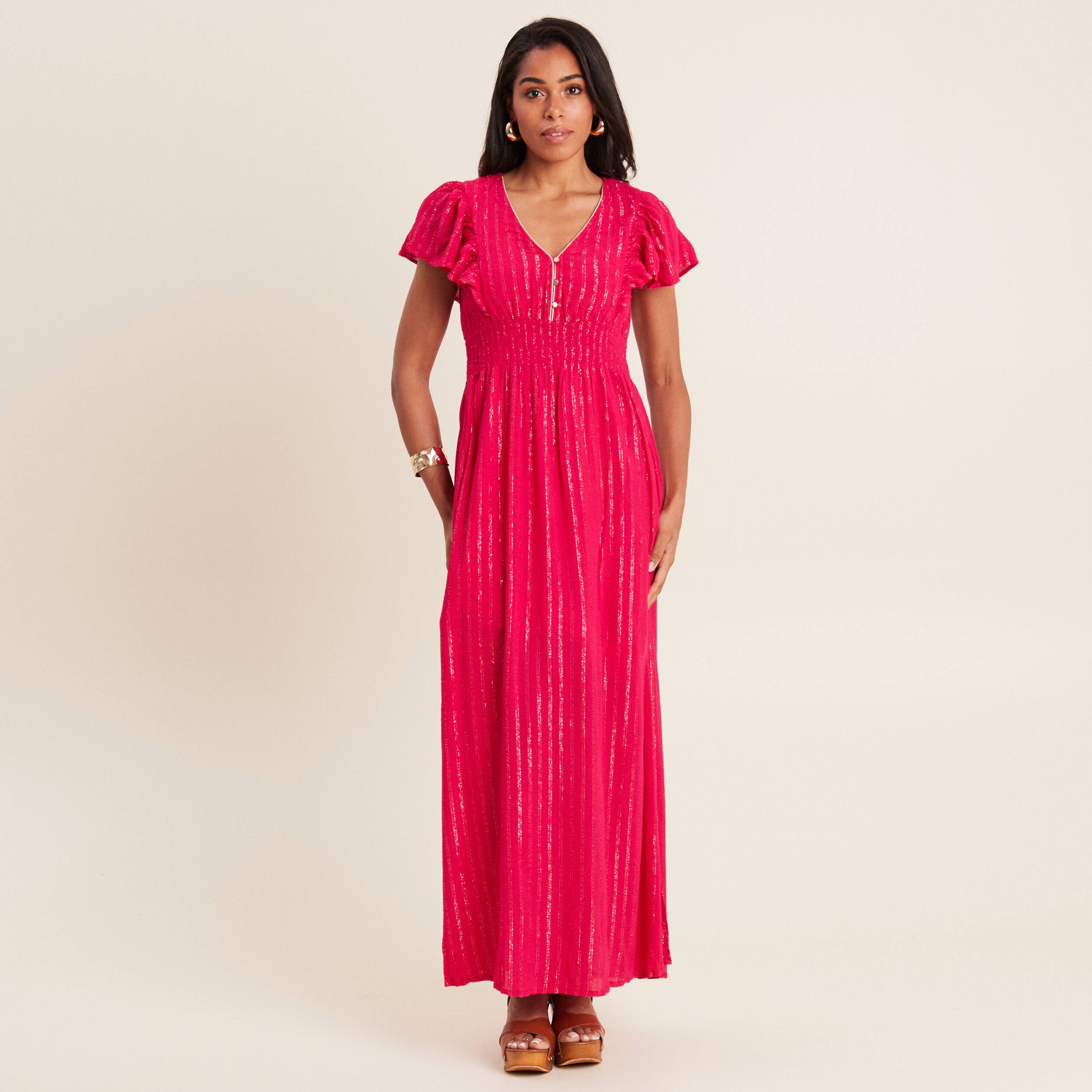 Robe longue droite fluide rose fushia femme