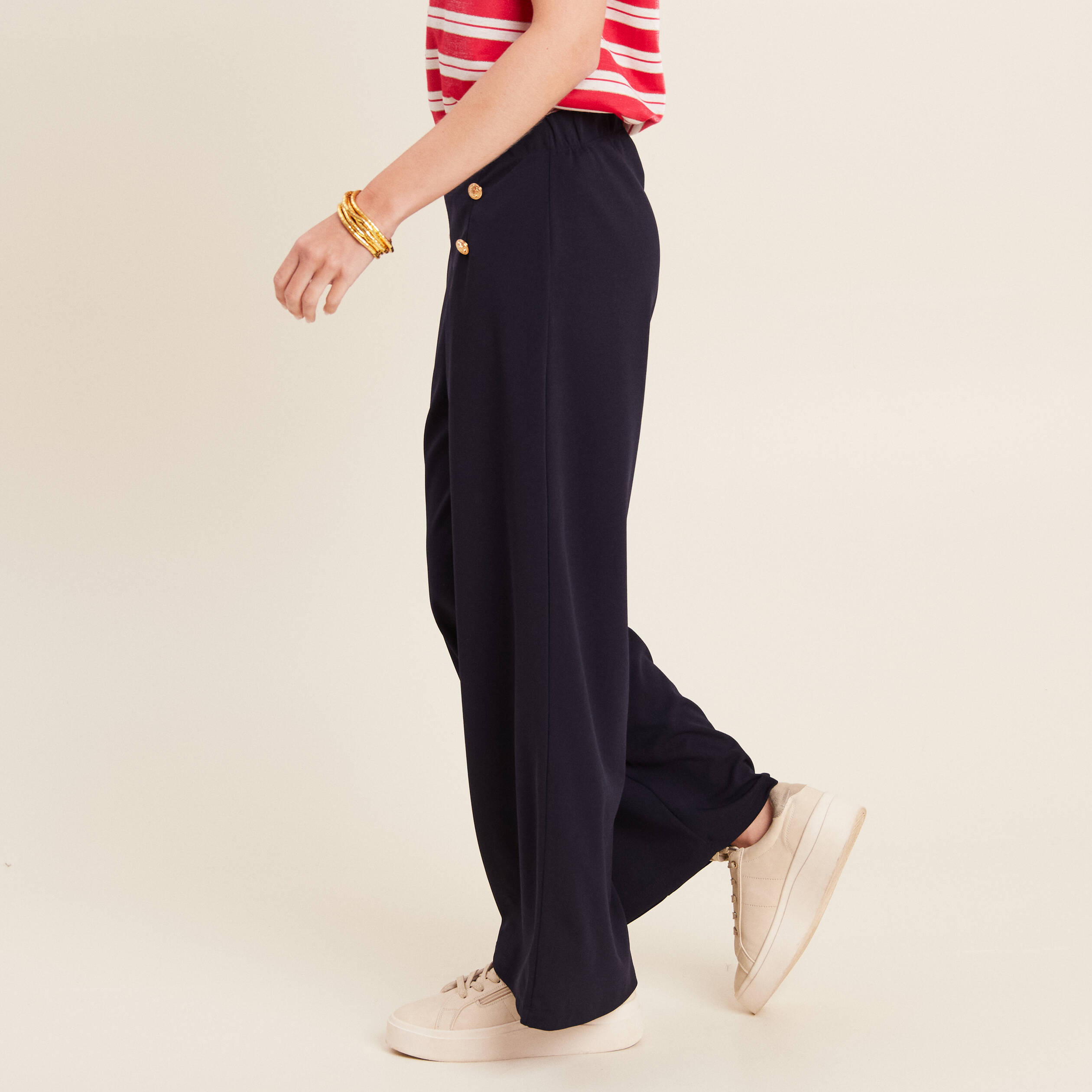 Pantalon coupe large &agrave; pont bleu fonc&eacute; femme