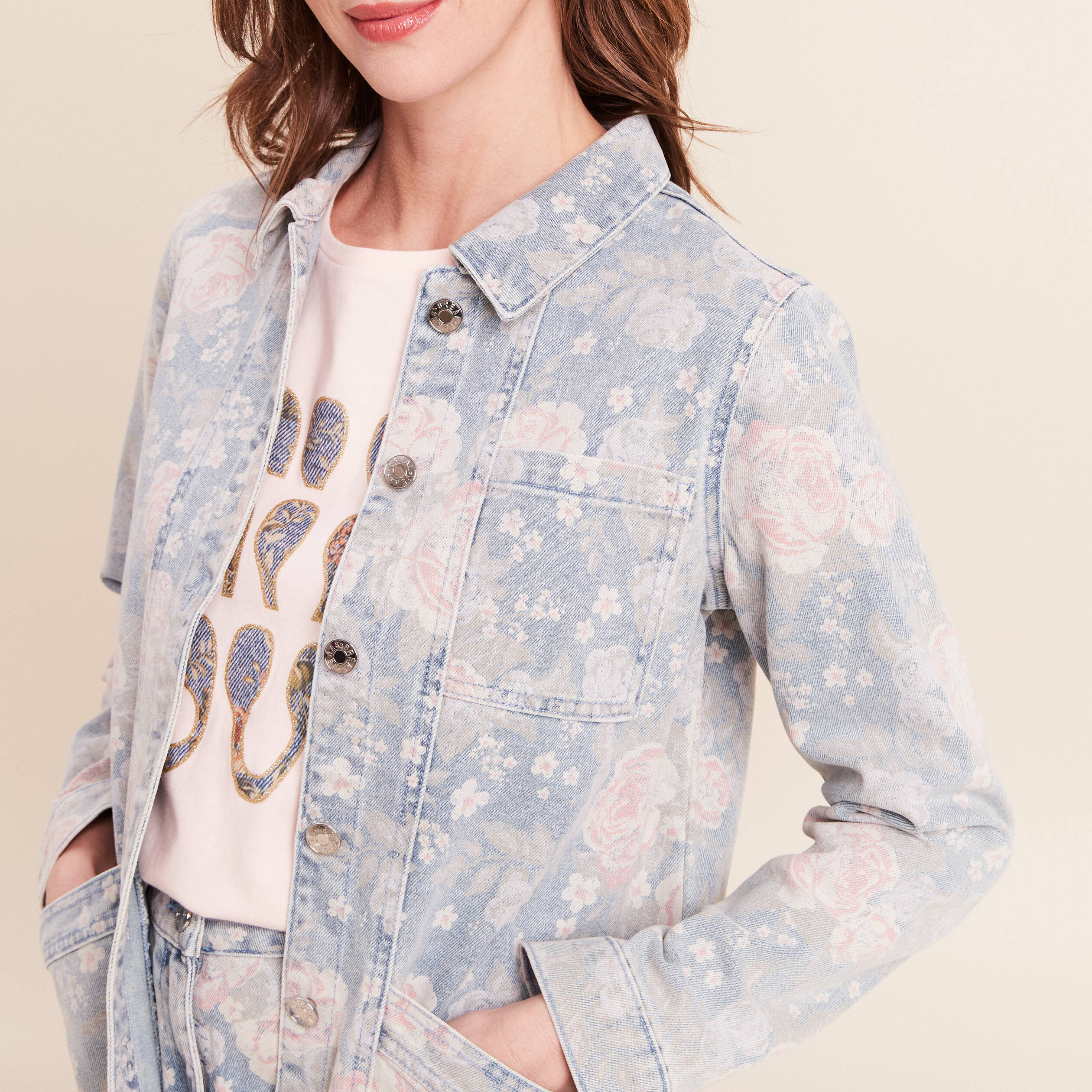 Veste longue droite manches longues rose femme