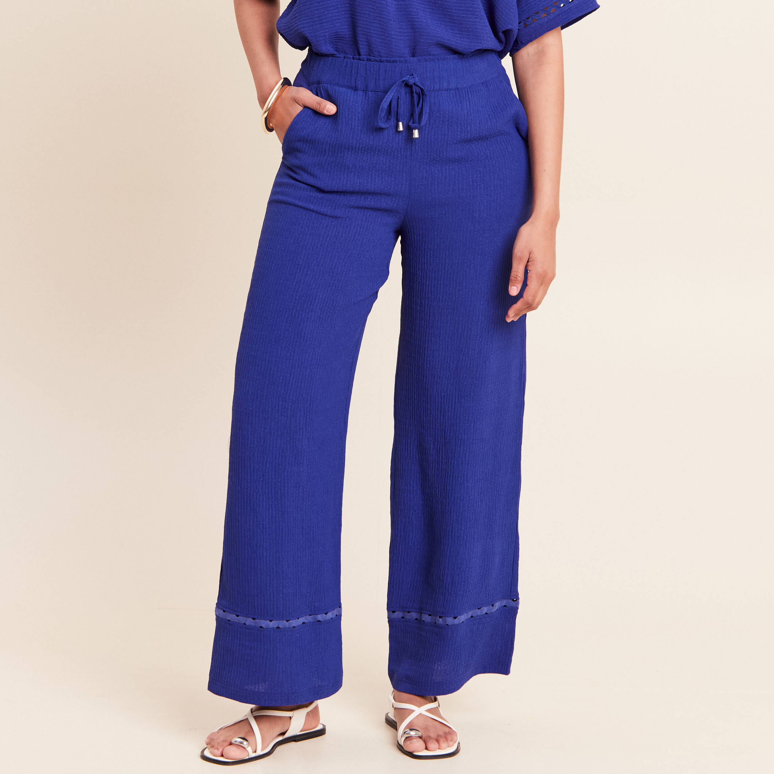Pantalon large taille haute bleu fonc&eacute; femme