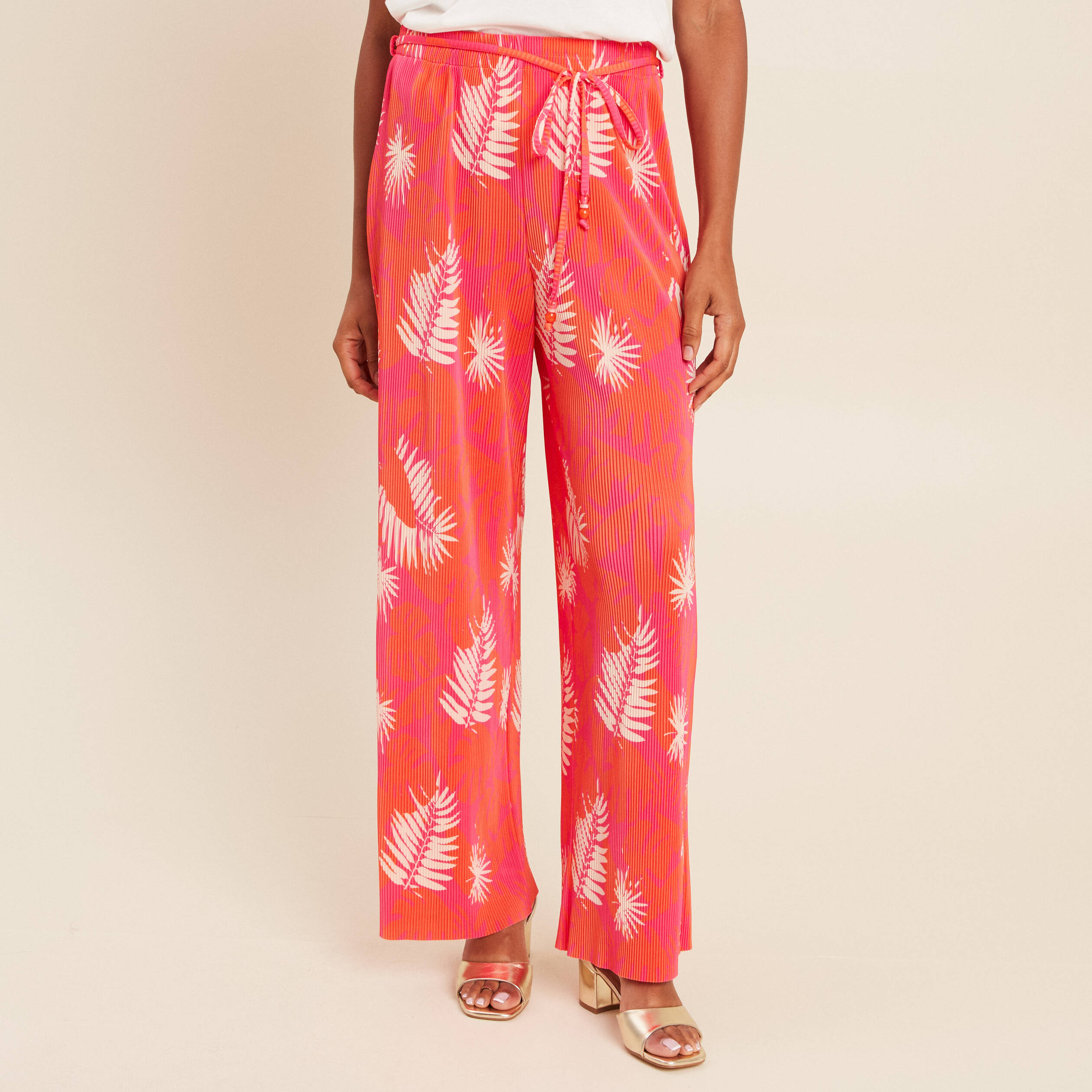 Pantalon coupe large taille haute pliss&eacute; rouge femme