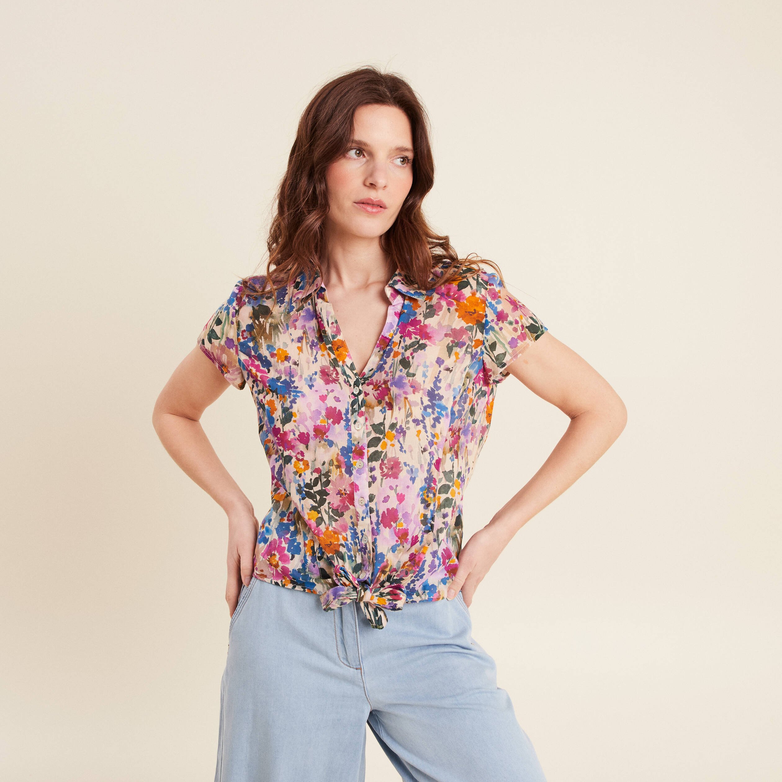Chemise manches courtes nouée violet femme
