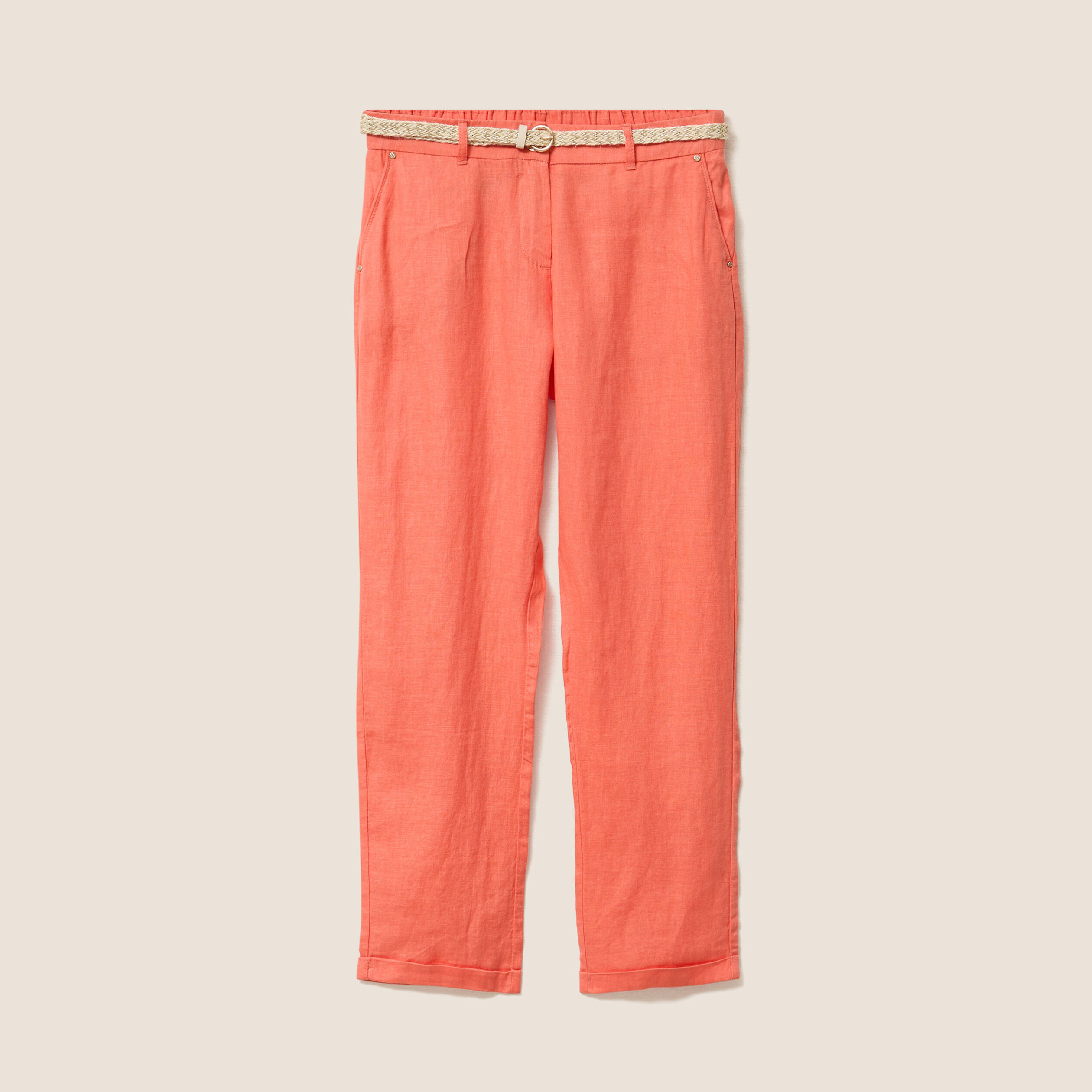 Pantalon coupe chino en lin ceintur&eacute; orange fluo femme