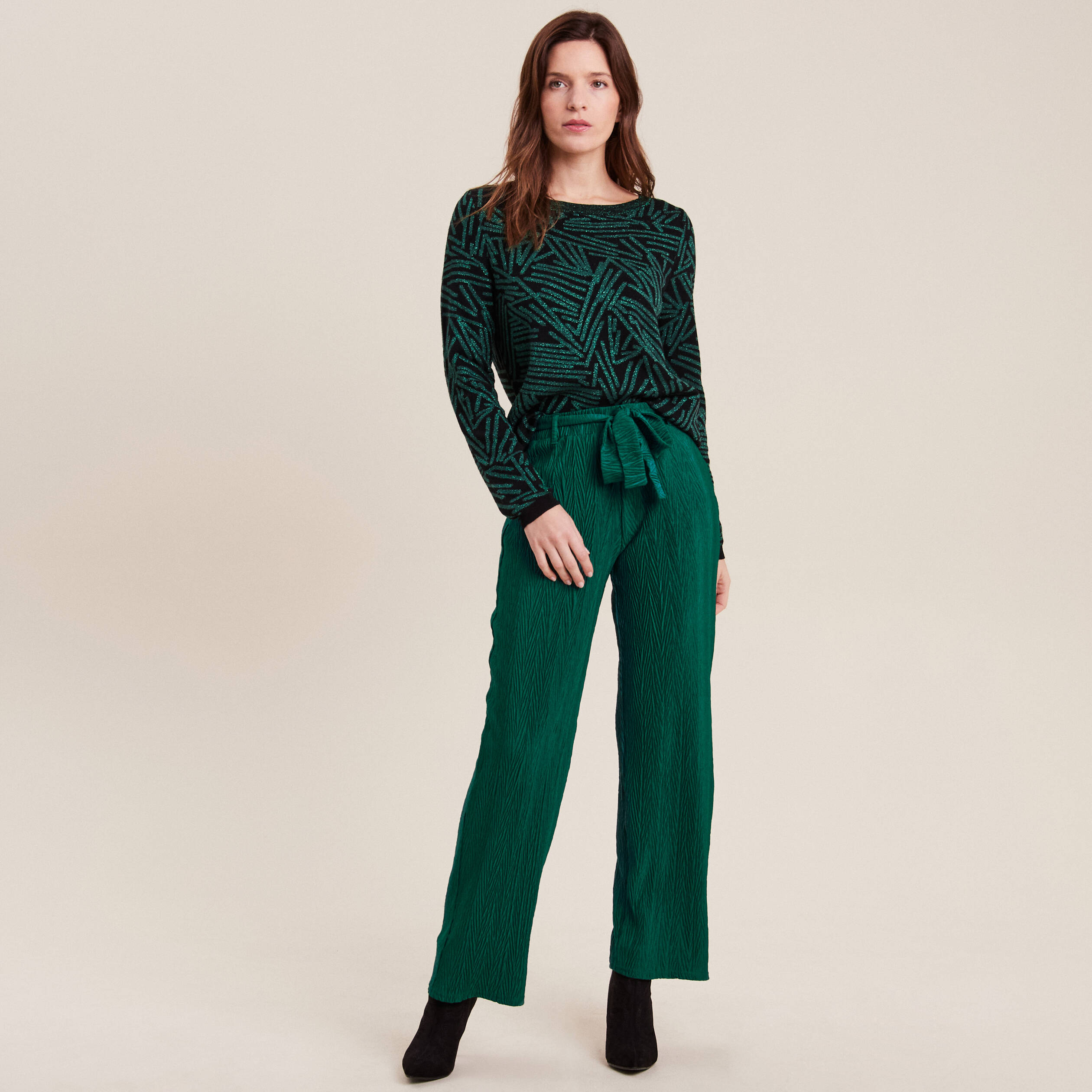 Pantalon large ceinturé vert femme