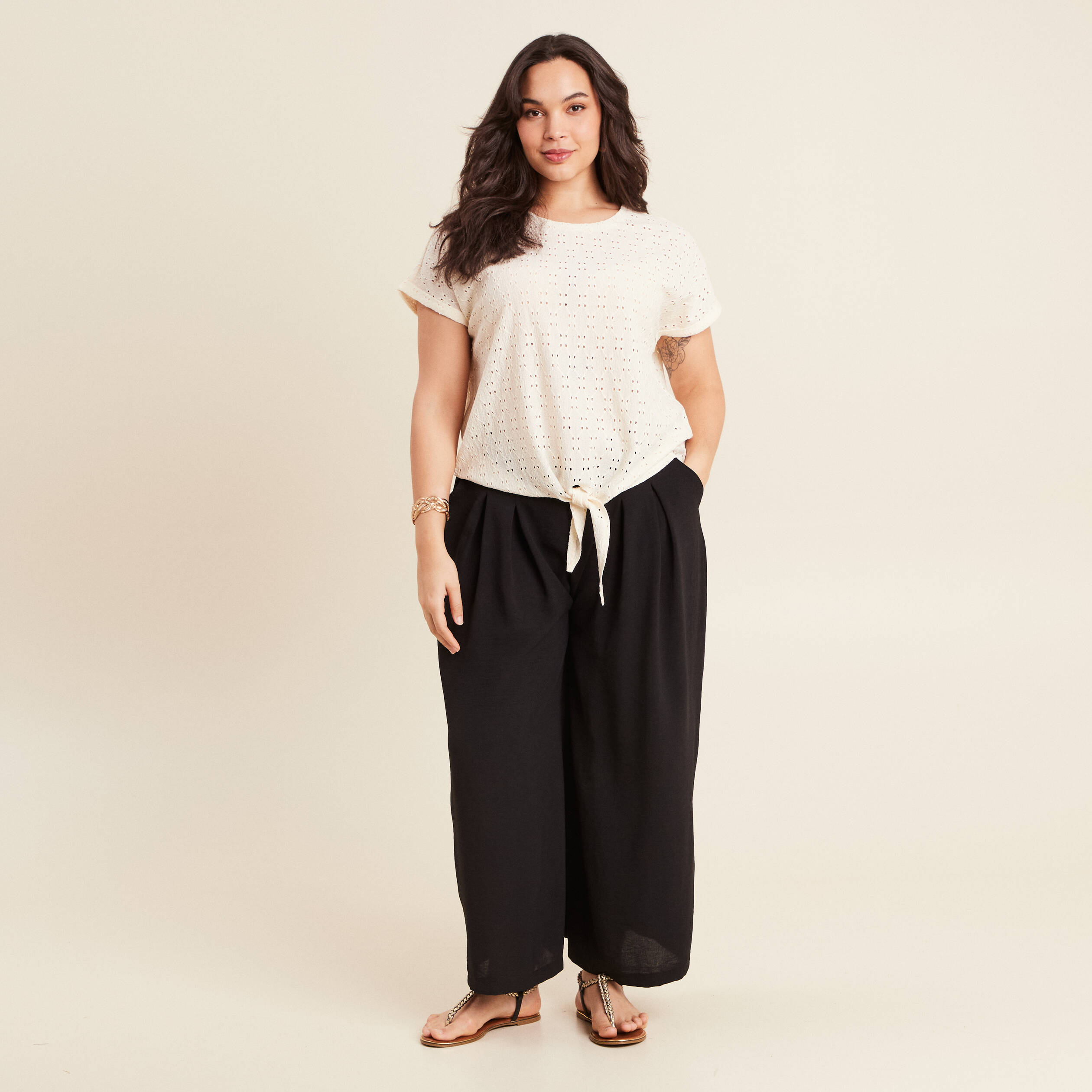 Blouse manches courtes nouée ecru femme