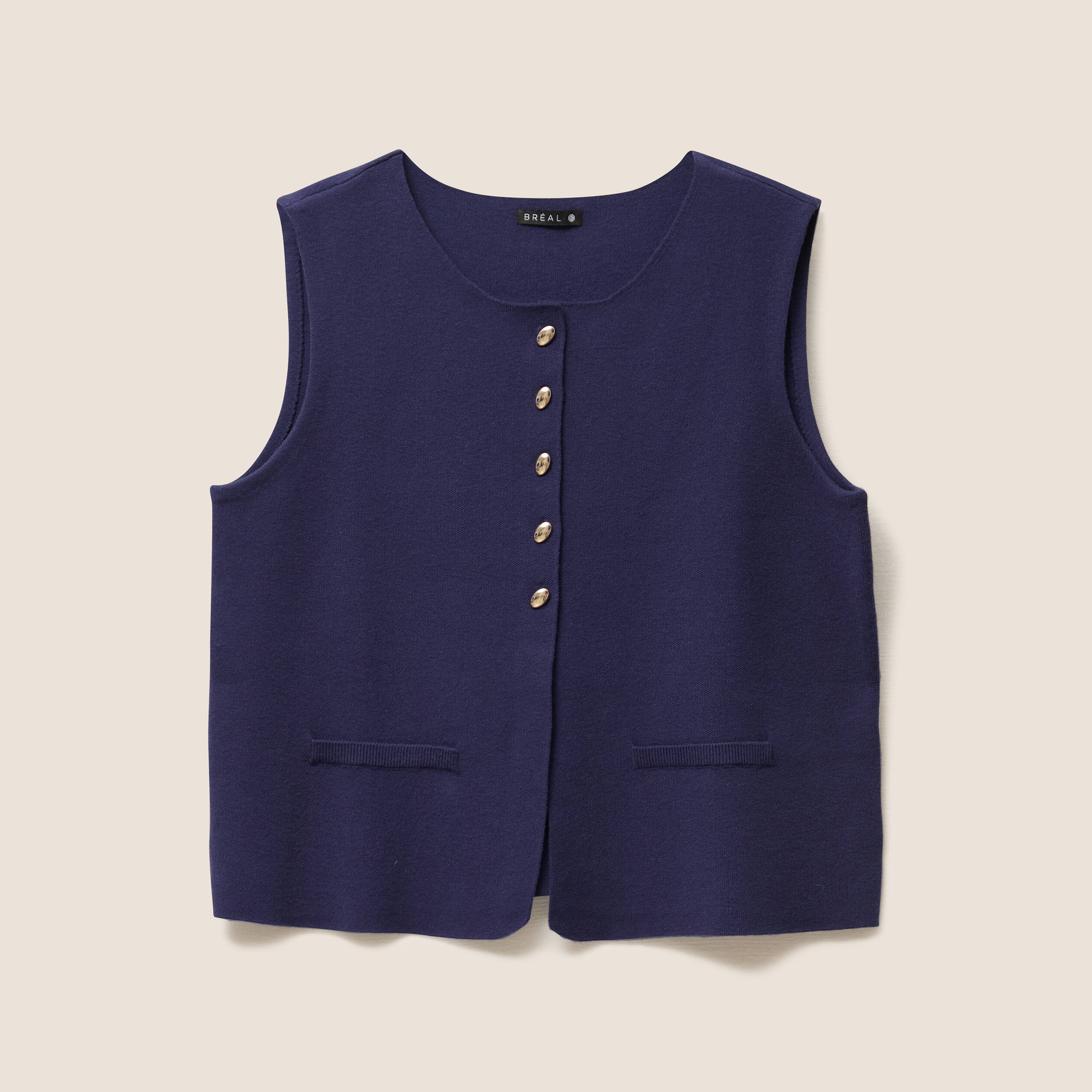 gilet droit court sans manches col rond bleu marine femme