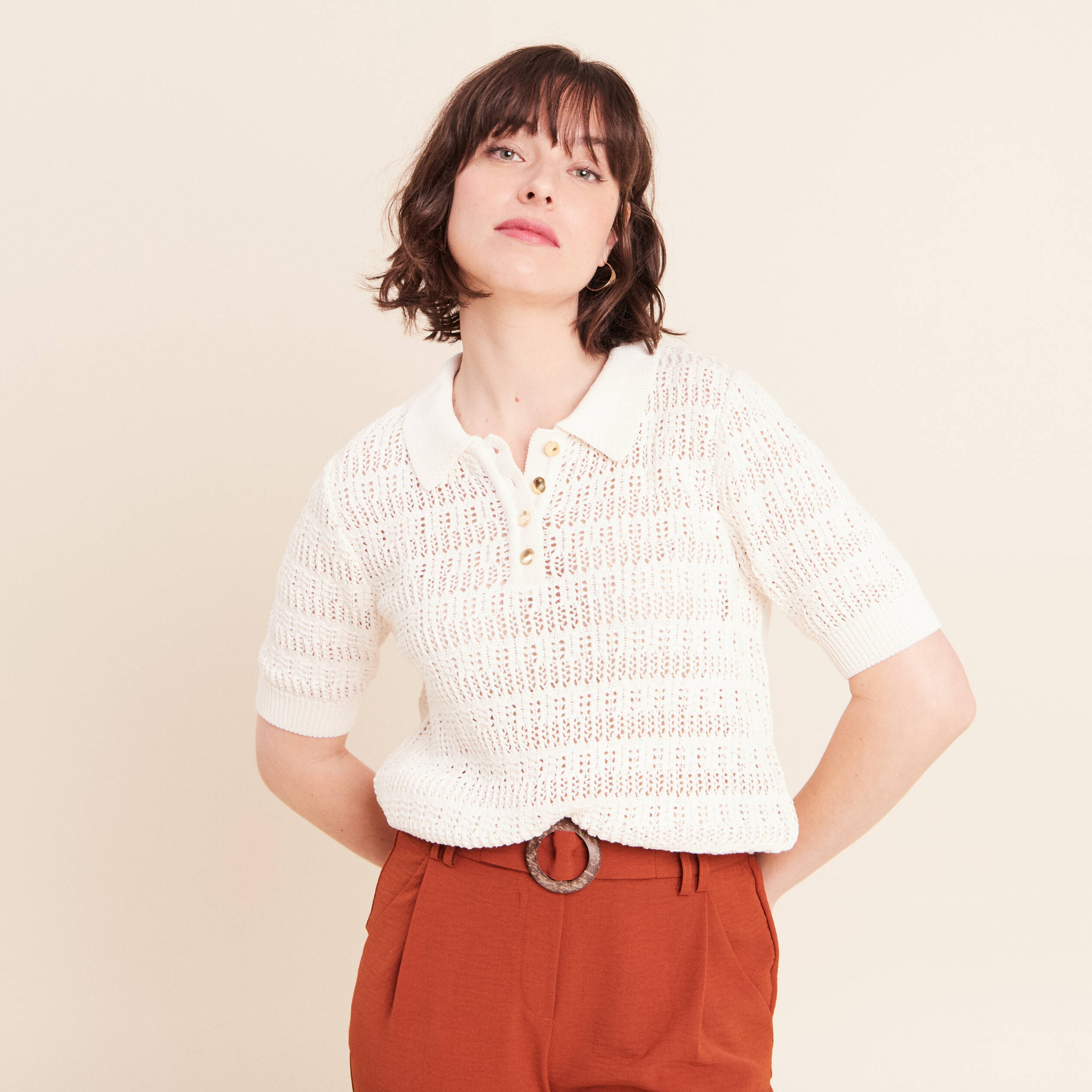 Pull col chemise manches courtes ecru femme