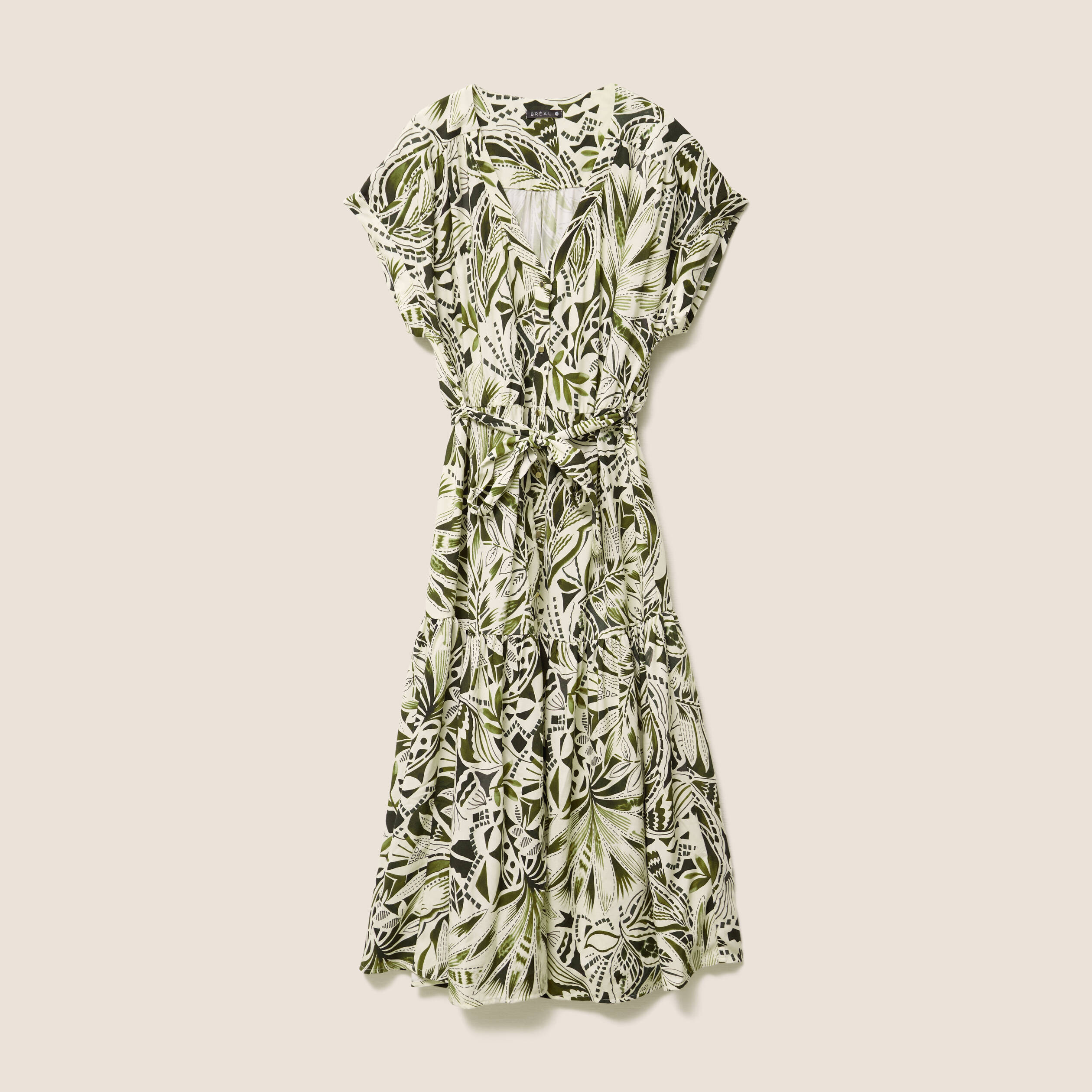 robe longue évasée col v manches courtes vert femme