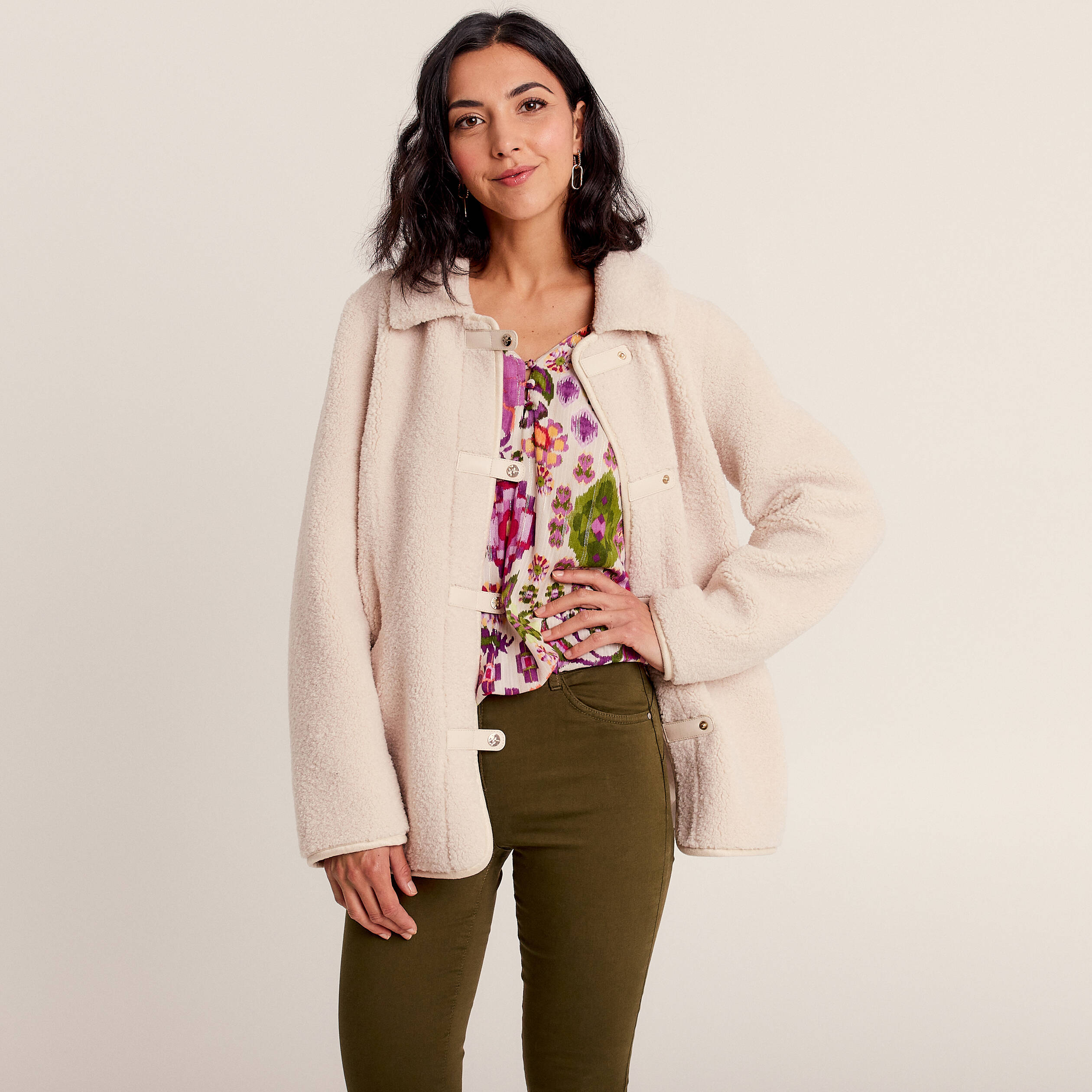 Manteau droit effet mouton ivoire femme