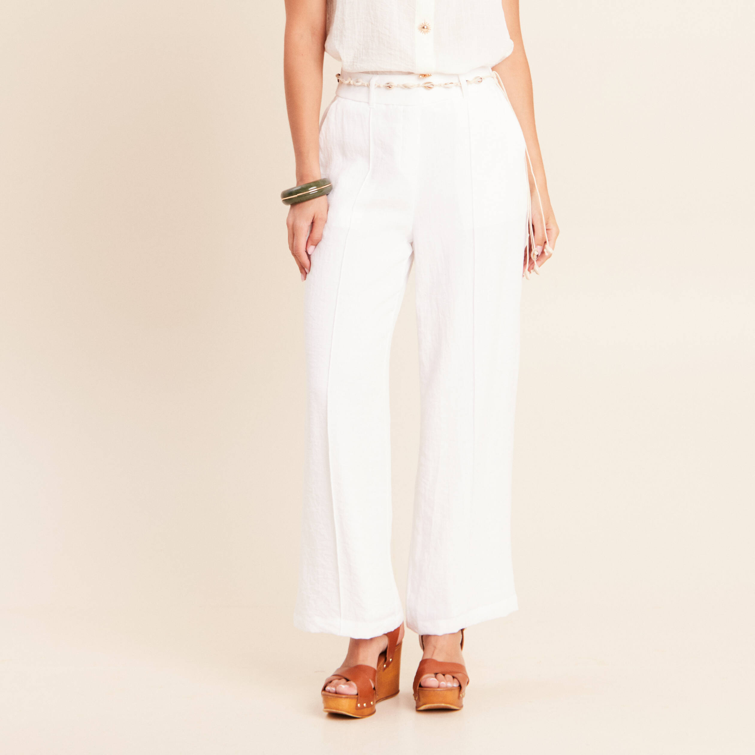 Pantalon large taille haute aspect lin blanc femme